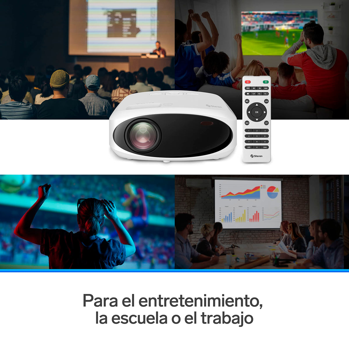 STEREN PRO-400 Proyector Multimedia Full HD de 9 000 lúmenes 280 ANSI Lumen portátil, proyección hasta 200”, con Control Remoto, 2 entradas HDMI, 1 Entrada AV 3,5 mm, 1 Entrada USB,1 Entrada microSD
