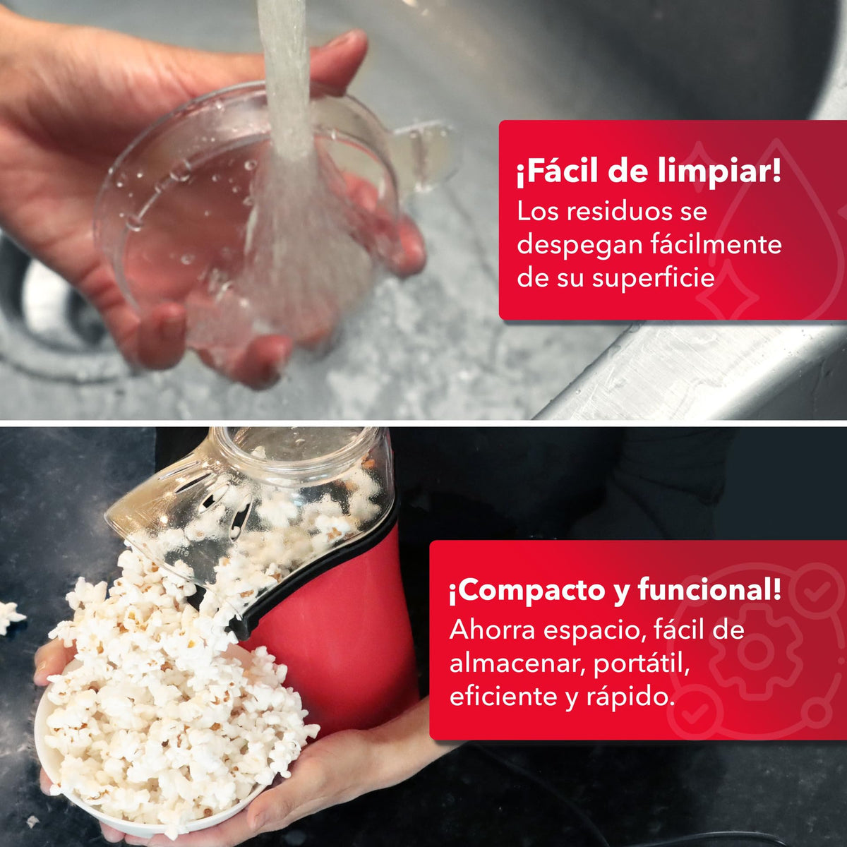 RCA Palomitero RC-1025, Tapa Medidora Incluida Estilo Compacto y Eléctrico, Funciona con Aire Caliente, Capacidad de 70 gr, Luz Indicadora, Ideal para Fiestas y Cine en Casa, Color Rojo y Negro