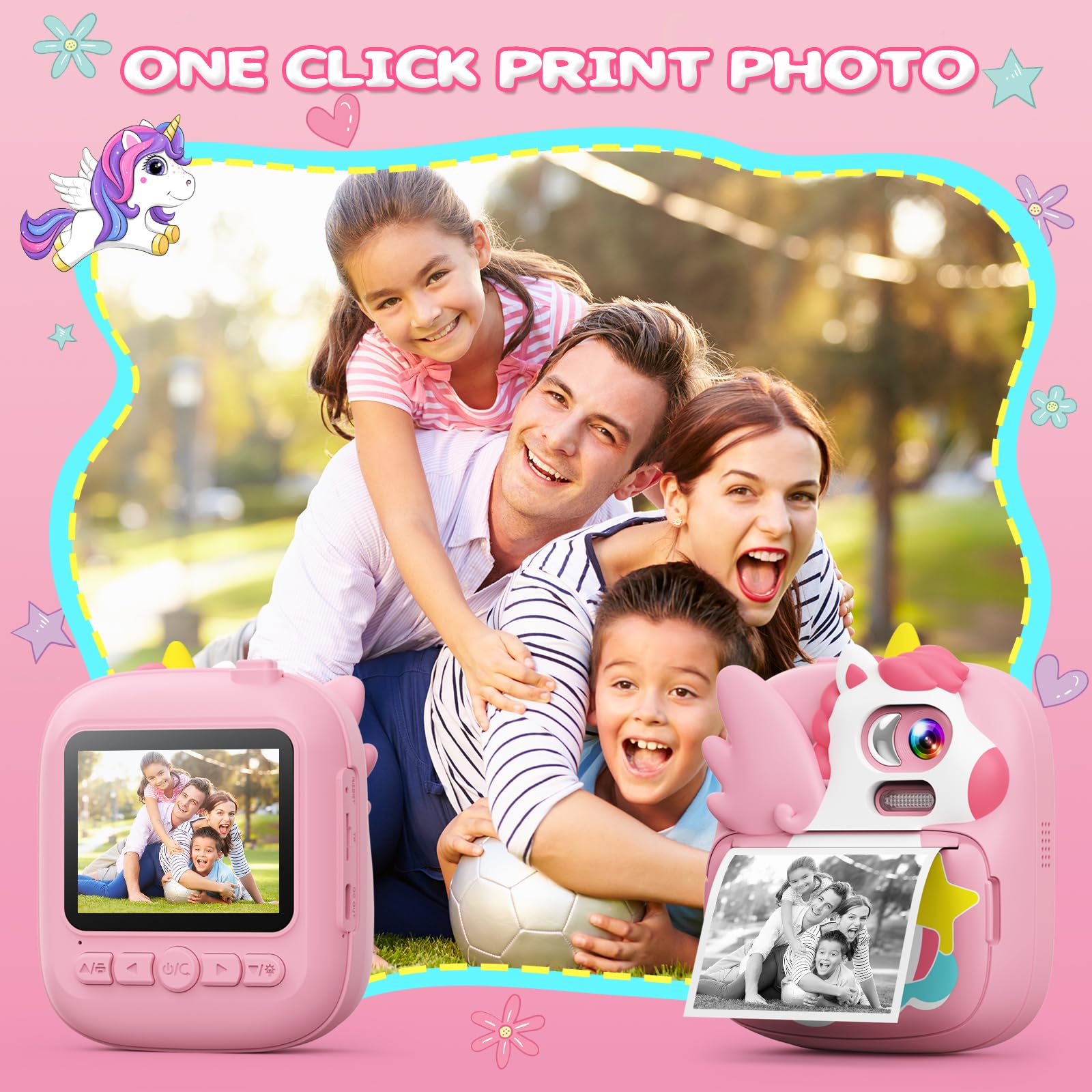 CAMCLID Camara Fotos Infantil Instantanea, 2,4 ’‘ HD 1080P Cámara Fotos Infantil con Tarjeta SD de 32G y Papel Fotográfico de Impresión, Regalos de Navidad para Niños y Niñas de 3 a 12 años (Rosa)