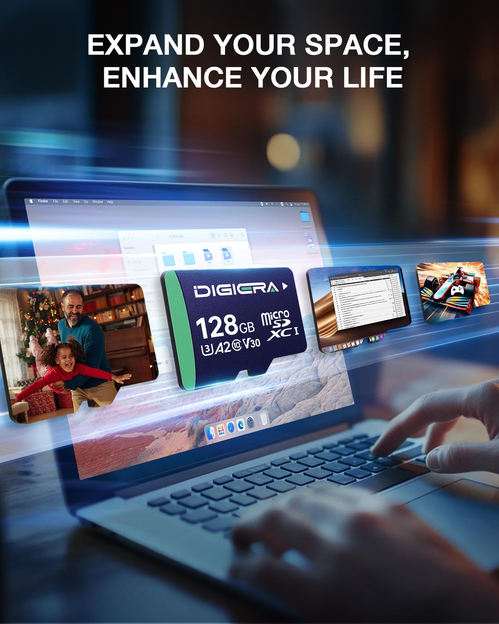 DIGIERA Tarjeta de memoria CT100 microSDXC UHS-I de 128 GB con adaptador - hasta 100 MB/s, C10, U3, V30, 4K UHD, A2, tarjeta micro SD para smartphones, tabletas, cámaras, consolas de juegos y drones