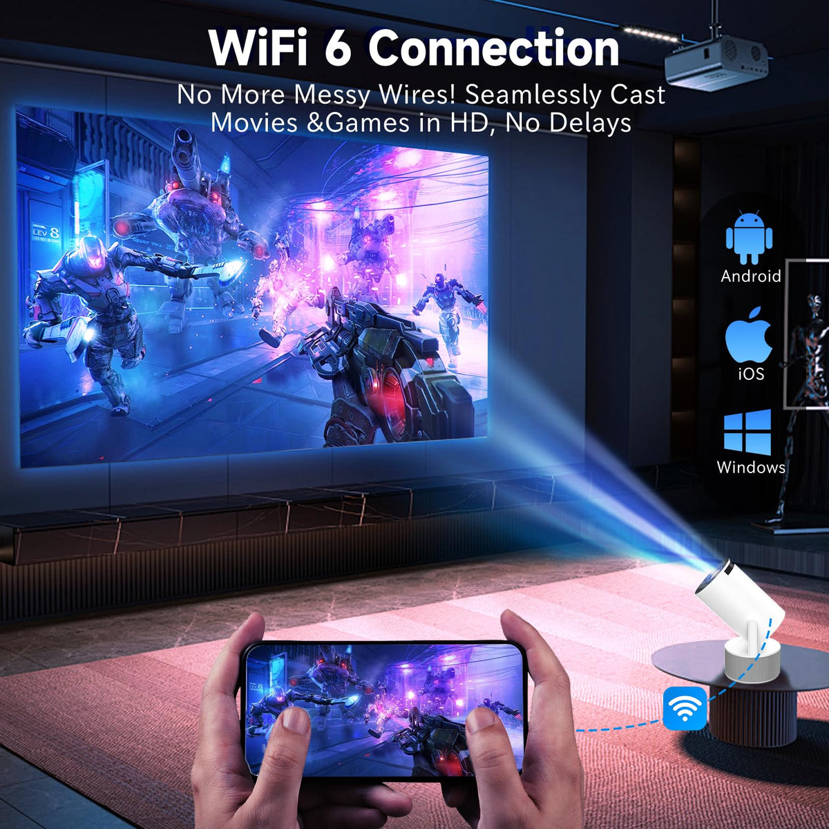 Mini Proyector 4K 1080P, Proyector Portátil con Karaoke, WiFi 6, Bluetooth 5.0, 200 ANSI, Android 11, USB y HDMI, Proyectores con Dos Micrófonos Compatible con Smartphone/Tabletas/PC/TV Stick/XBox/PS5