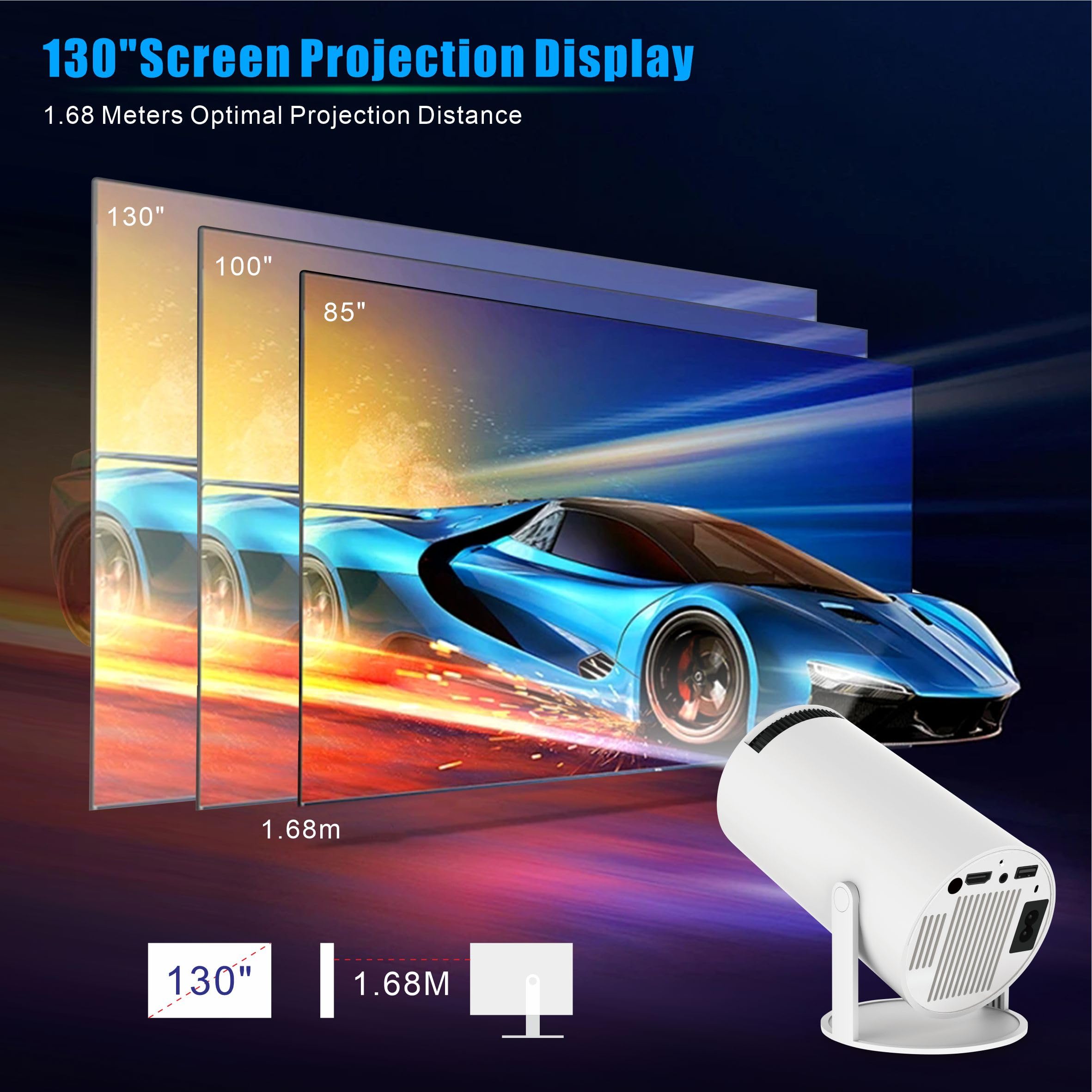 KUNEM Mini Proyector Portátil 4K, 250 ANSI, 10000 Lúmenes, WiFi 6 con Bluetooth 5.2, Proyectores de 270 Grados Flip, Android 13 Sistema Incorporado, Compatible con HDMI/iOS/Phone/PC/PS.