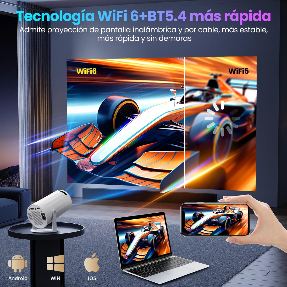 Proyector Portatil, Android 13, 250ANSI/10000 lúmenes, WiFi 6 y BT 5.4