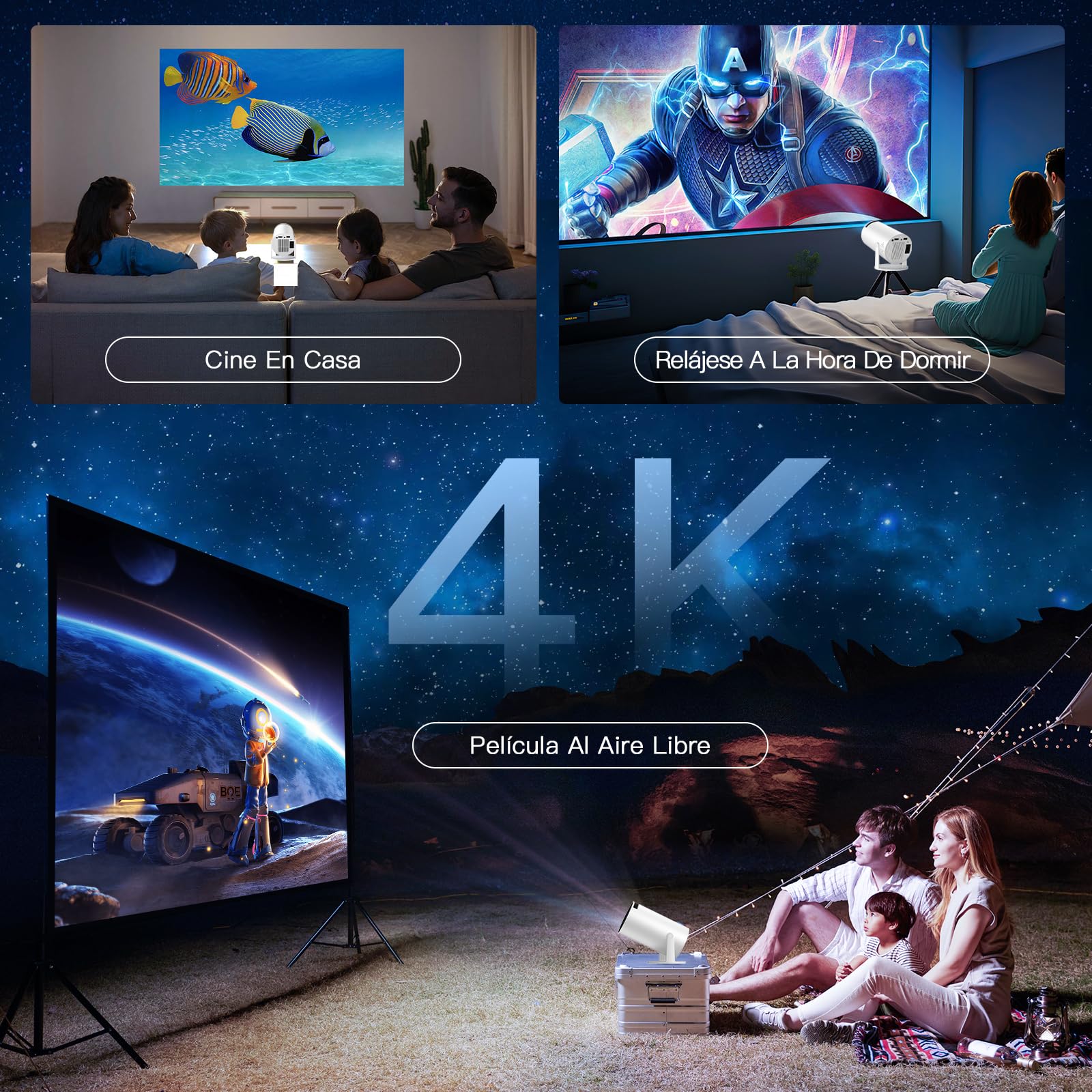 Proyector 4k, Mini Proyector Portatil con Android, Proyectores Inteligente 250 ANSI con WiFi 6 y BT 5.4, Auto Keystone, Pantalla de 200", Giro de 270°, Compatible con HDMI/iOS/Phone/PC/PS【HY300 PRO】