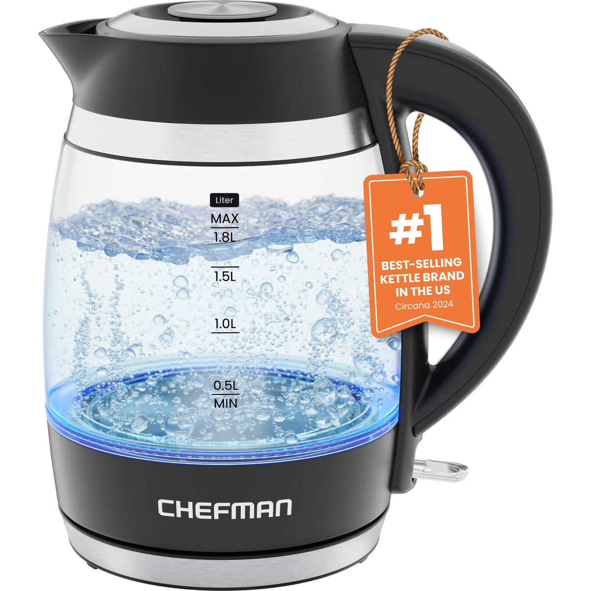 Chefman Hervidor eléctrico para agua hirviendo, 1.8L 1500W, agua caliente en 3 minutos, luces LED, apagado automático, protección de ebullición y secado, hervidor de té eléctrico de vidrio negro