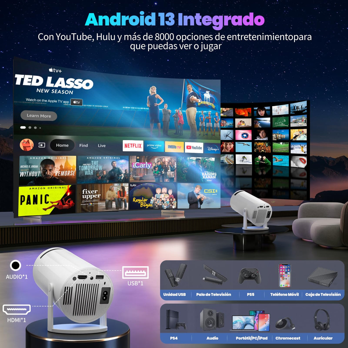 Proyector Portatil, Android 13, 250ANSI/10000 lúmenes, WiFi 6 y BT 5.4