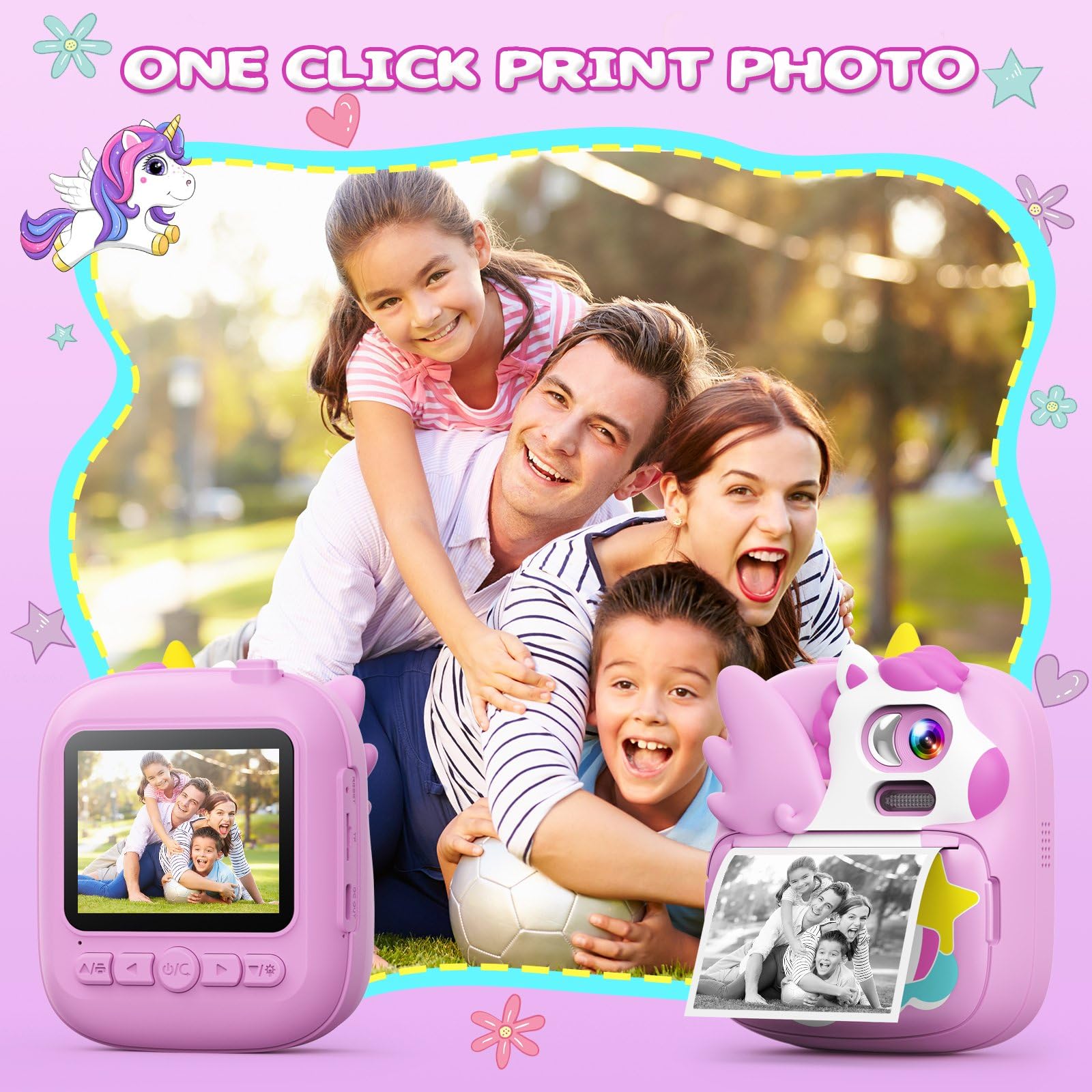 CAMCLID Camara Fotos Infantil Instantanea, 2,4 ’‘ HD 1080P Cámara Fotos Infantil con Tarjeta SD de 32G y Papel Fotográfico de Impresión