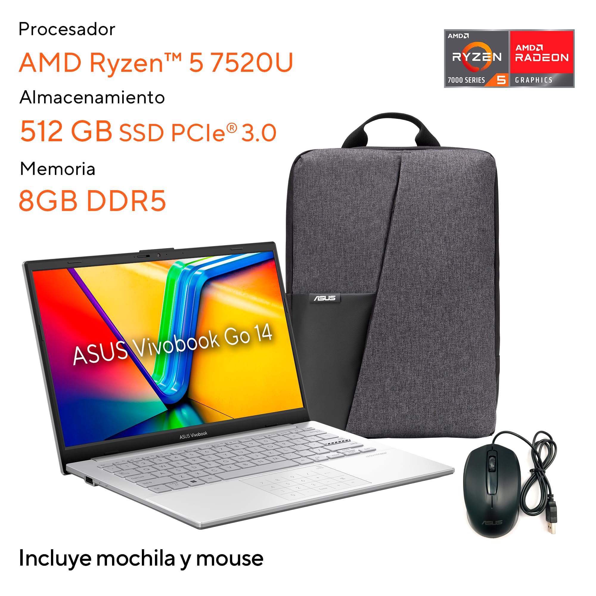 ASUS Vivobook Go 14/ AMD Ryzen 5-7520U/ 8GB - 512GB SSD/Teclado en Español + Mouse y Mochila (Garantía y Servicio en México) (Modelo 2024)