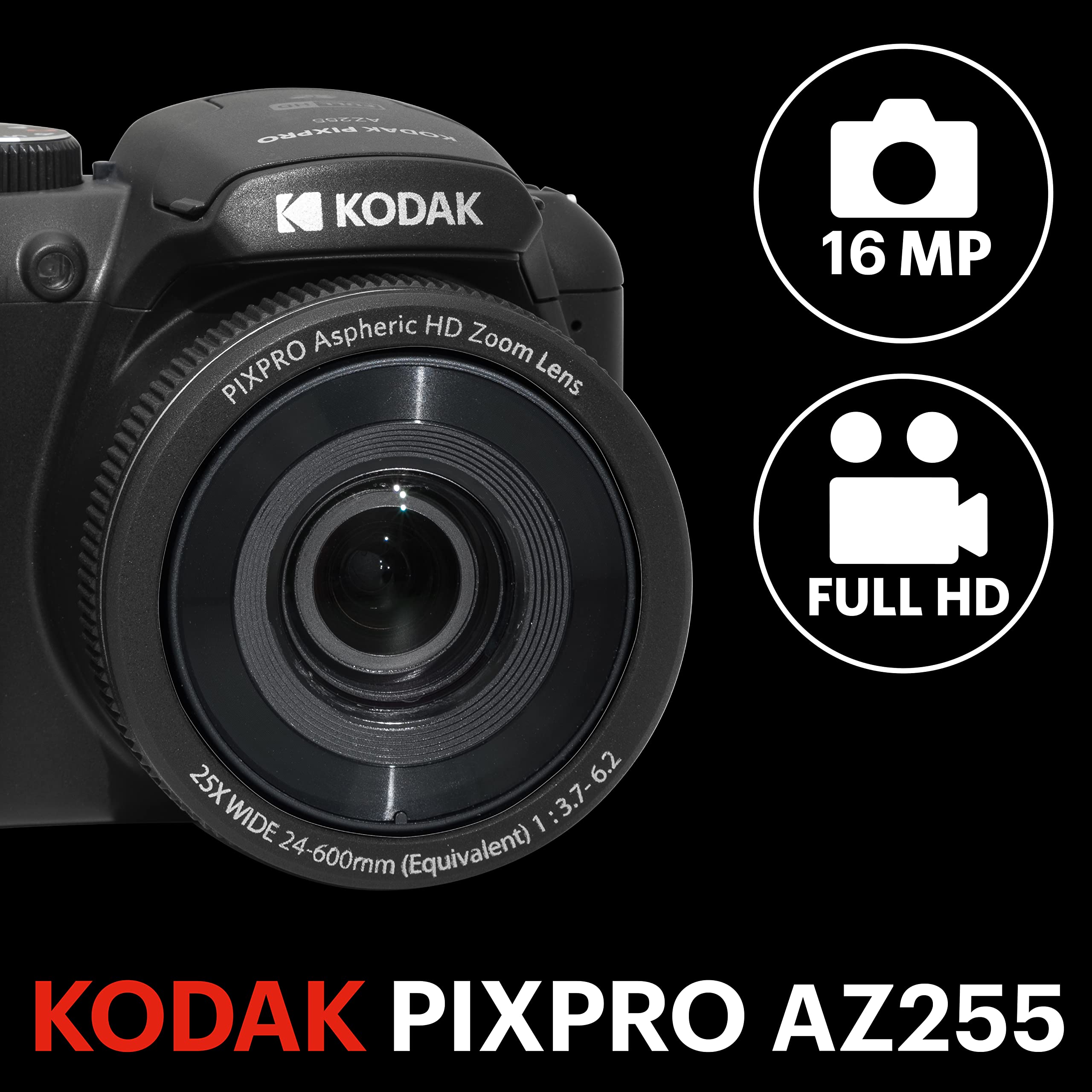 KODAK PIXPRO AZ255-BK Cámara Digital de 16 MP, Zoom óptico de 25 X, Lente Gran Angular de 24 mm, estabilización óptica de Imagen, 1080P, Full HD, Video, cámara LCD de 3 Pulgadas, Color Negro