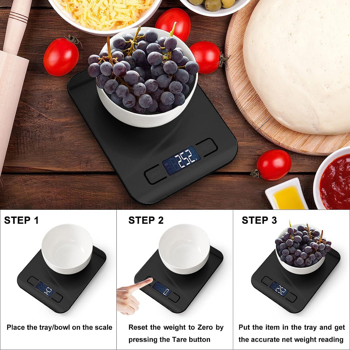 ZENSUKYE 10kg/1g Báscula de Cocina Peso Cocina Digital USB Recargable Balanza de Alimentos de Alta Precisión con Pantalla LCD y Funcion Tara