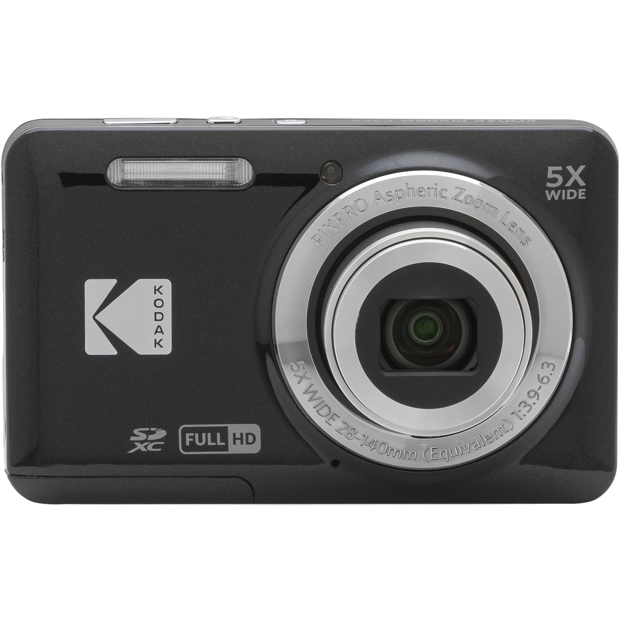Kodak PIXPRO FZ55 - Cámara digital negra de 16 MP, zoom óptico de 5 x 28 mm, gran angular 1080P, cámara LCD Full HD de 2,7 pulgadas, tarjeta y lector de 64 GB, funda + portafolios de memoria + trípode
