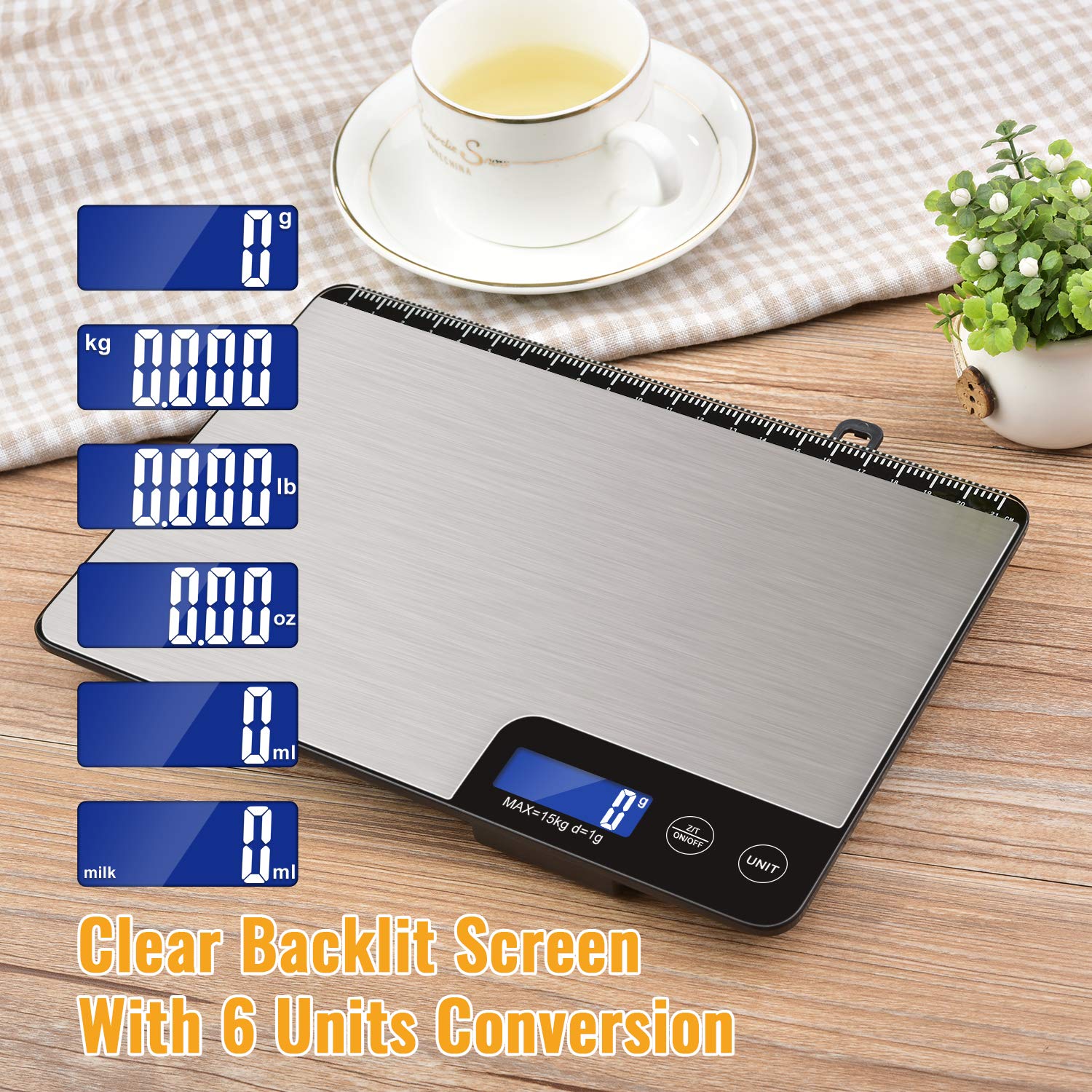 Diyife 15 KG Balanza de Cocina con Panel Grande, Profesional Báscula Digita, Bascula de Comida Alimentos, Tacto Sensible y Pantalla LCD, Función de Tara, con 2 Baterías