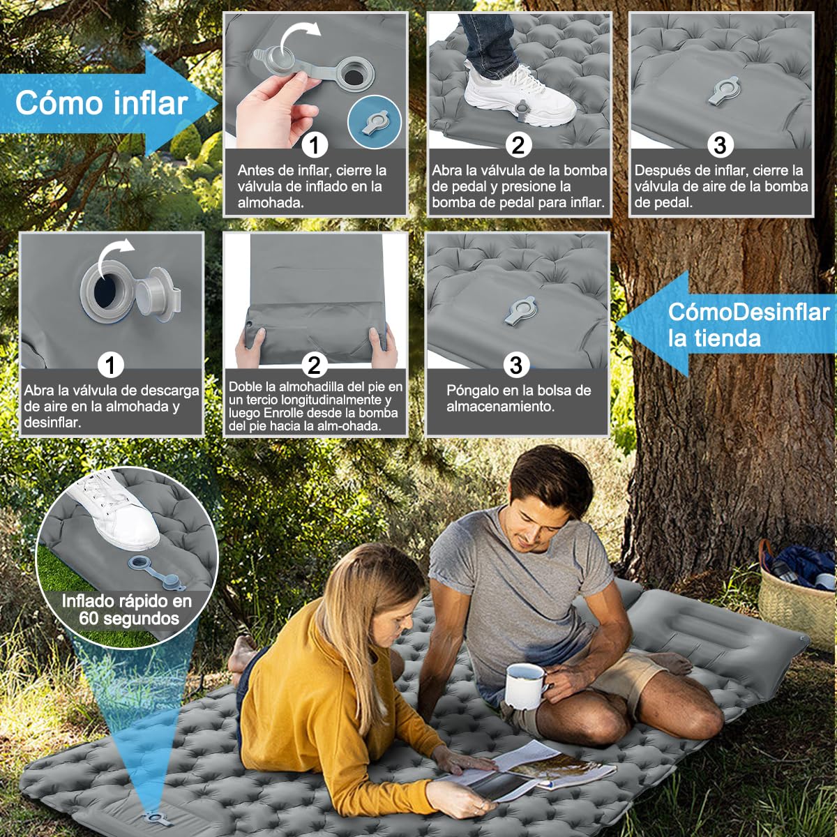 E T EASYTAO Colchoneta Camping Doble Autohinchable con Almohadas (Gris)