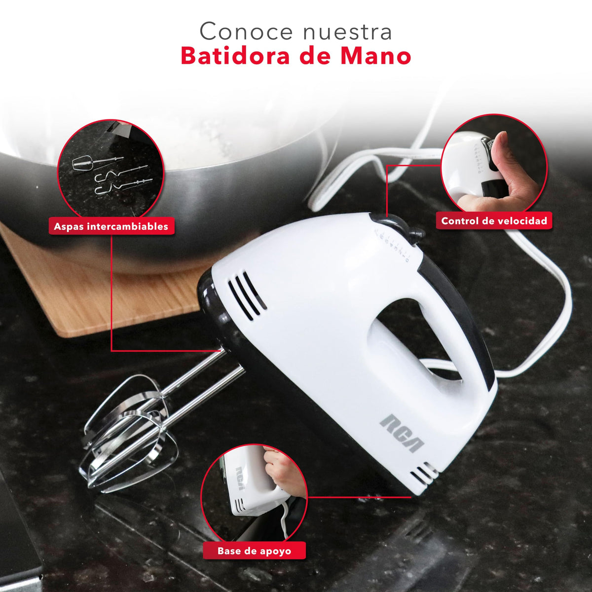 RCA Batidora de Mano RC-093 con 7 Velocidades, Motor de 100 W, Accesorios de Acero Inoxidable, Diseño Compacto, Portátil y Ligero, Ideal para Repostería, Mezclar Masa y Preparación de Alimentos.