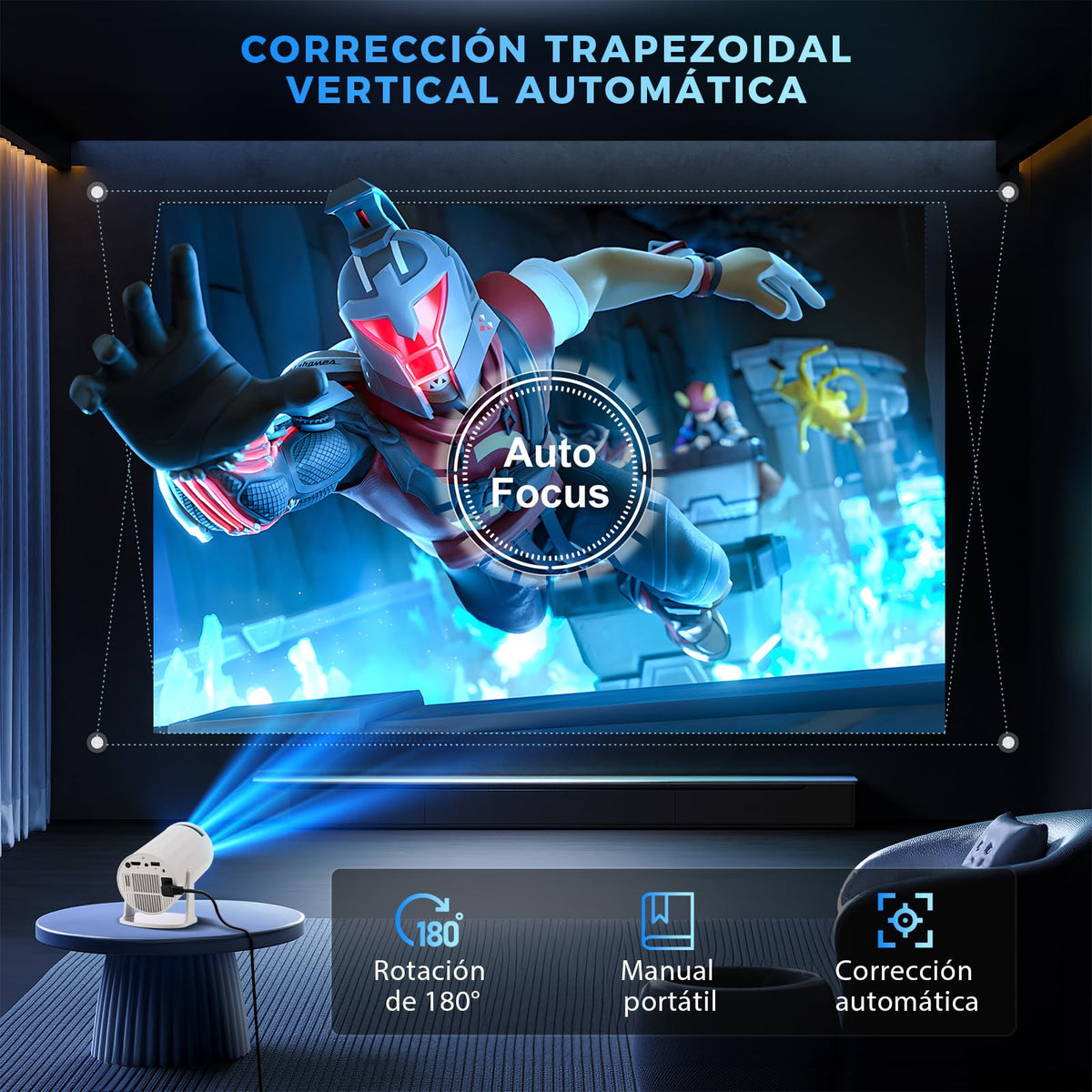 HUSEYTA Proyector, proyector Inteligente 4K/ 150 ANSI con WiFi 6, BT 5.0, Pantalla de 130 Pulgadas, Giro de 180 Grados, Sistema operativo Android Integrado 12.0, Compatible con iOS/Android/PC/PS4/PS5