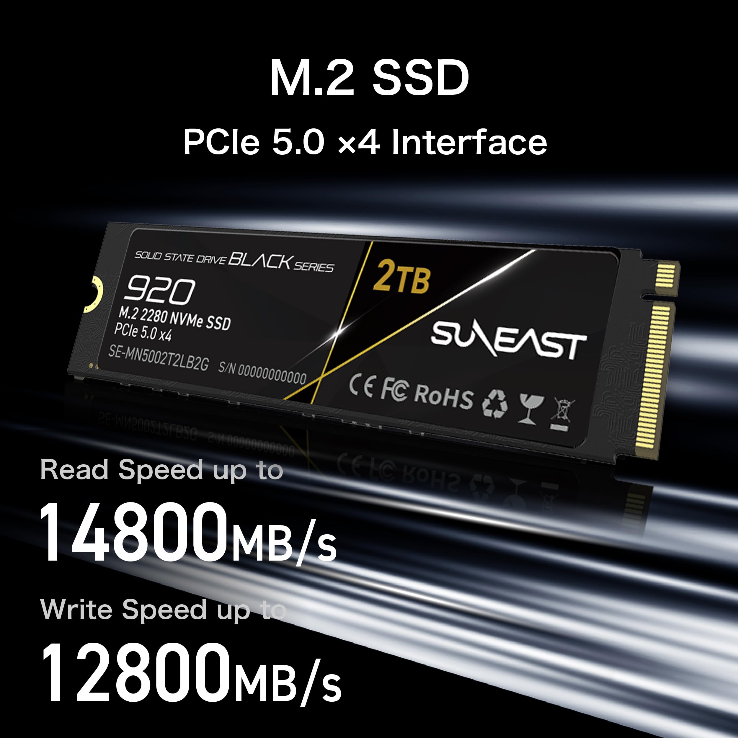 SUNEAST Black Series SSD, 2TB, PCIe 5.0x4 M.2 2280 NVMe, Lectura: 14,800 MB/s, Escritura: 12,800MB/s, para Computación de Alto Rendimiento, Gaming y Estaciones de Trabajo para IA