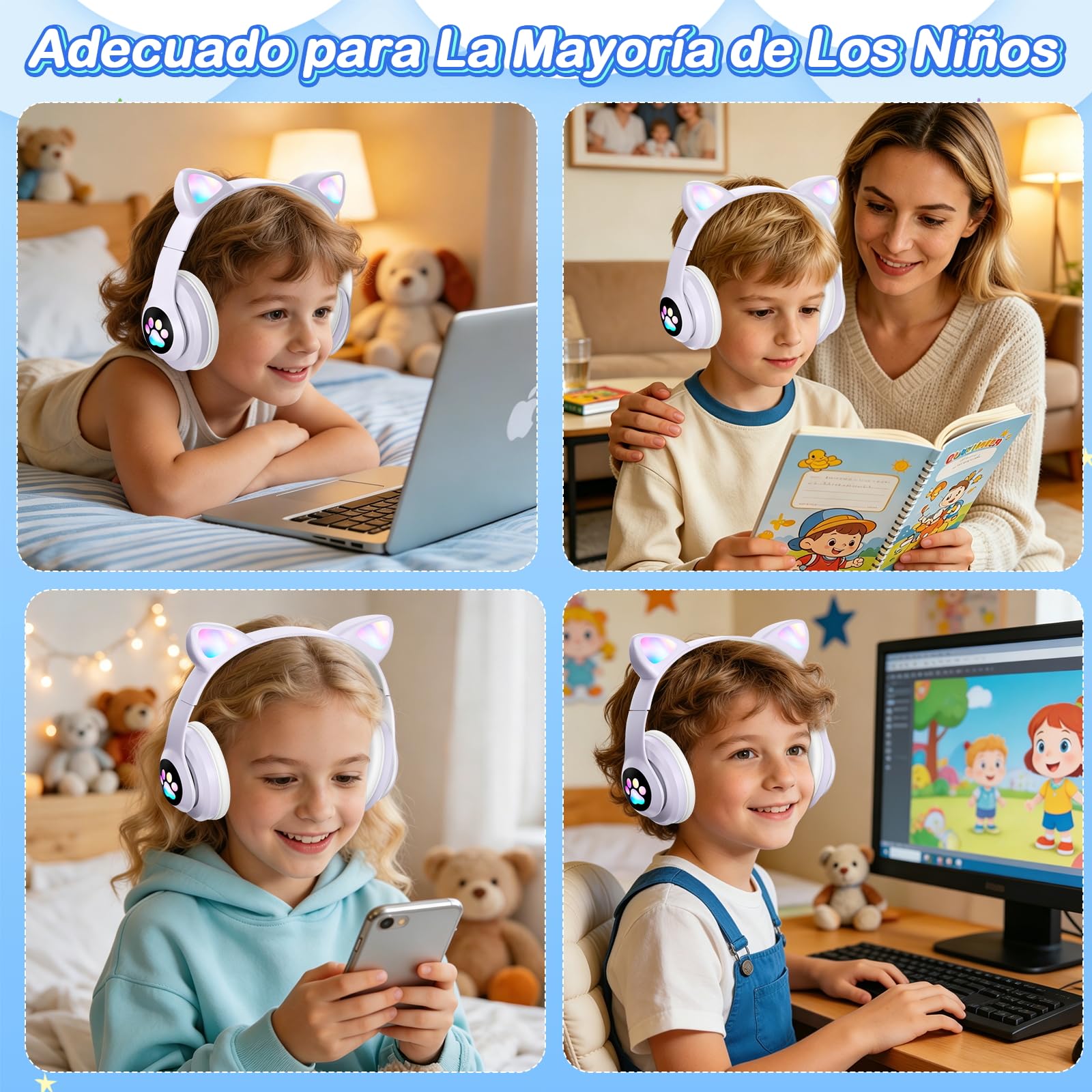 ZQSQD Audifonos Inalambricos para Niños, Auriculares Bluetooth con Luz LED y Micrófono, Auriculares Plegables con Forma de Garra de Gato, Audífonos para Niña, Apto para Tablets, Móviles, Etc (Púrpura)