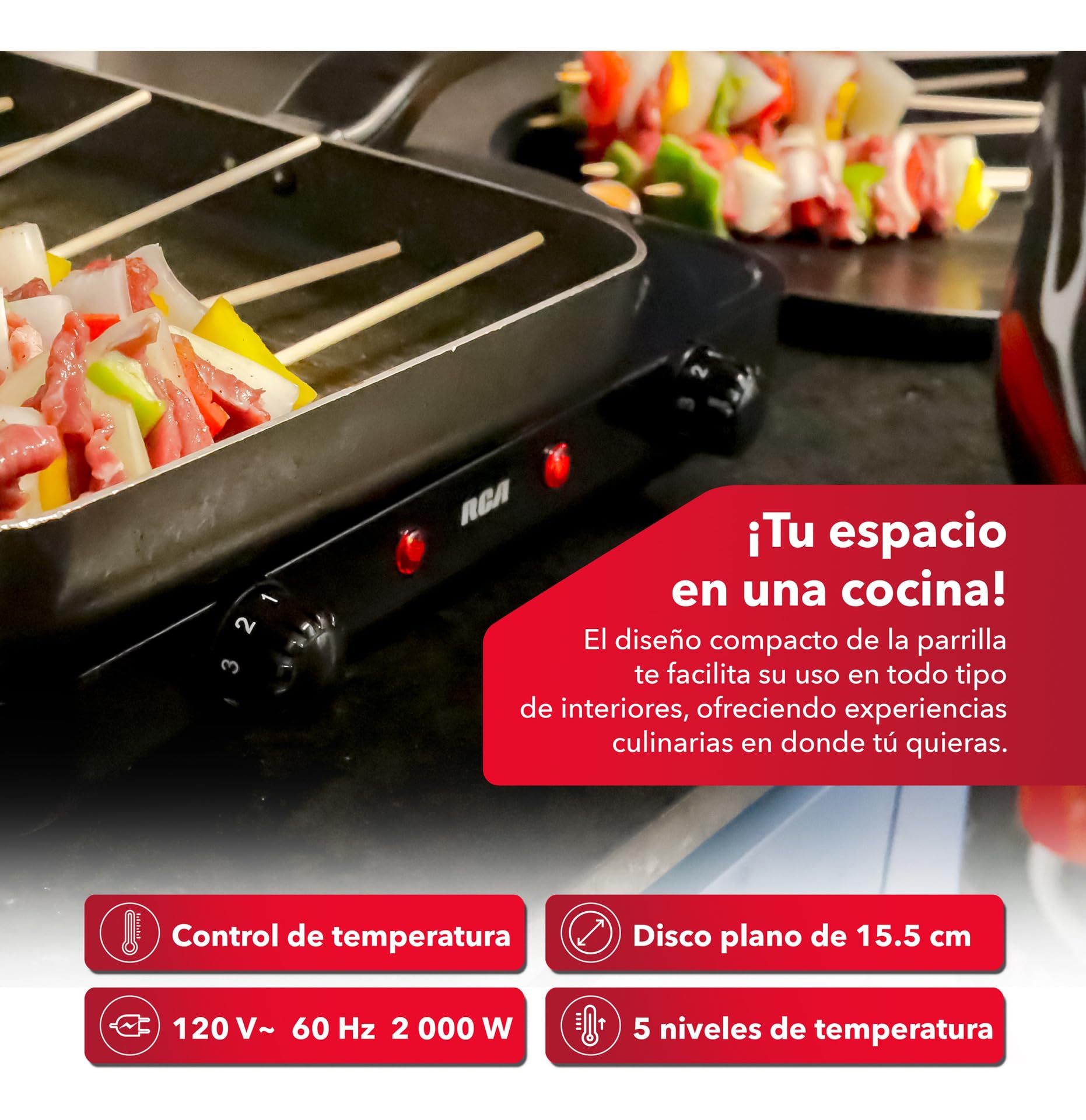 RCA Parrilla Eléctrica RC2000N con Dos Quemadores de 1000W, Acero Inoxidable, Portátil, Alta Resistencia, Calor Uniforme, 5 Niveles de Calor, Antiderrapante y Funcional para Cocina Compacta.