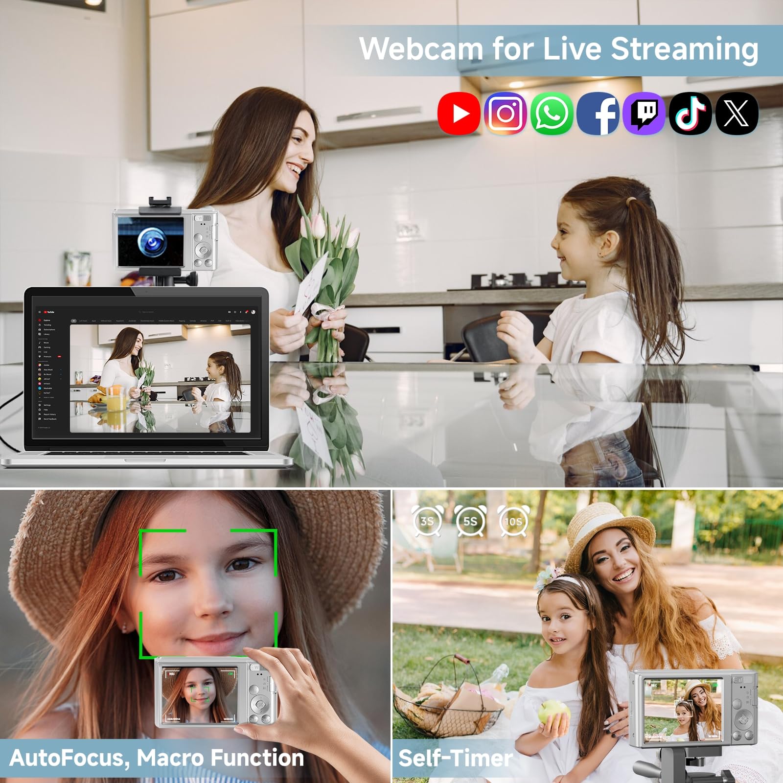 Cámara digital, SMARTKLIK 2026 4K Cámaras digitales con enfoque automático para adolescentes, cámara plateada de punto y disparar para niños con zoom 16X, tarjeta SD de 64GB, compacta y pequeña para