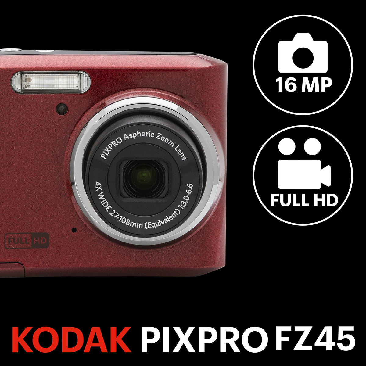 KODAK PIXPRO FZ45-RD Cámara Digital de 16 MP, Zoom óptico de 27 mm, Gran Angular, 1080P, Full HD, Video, cámara de vlogging LCD de 2,7 Pulgadas (Rojo)