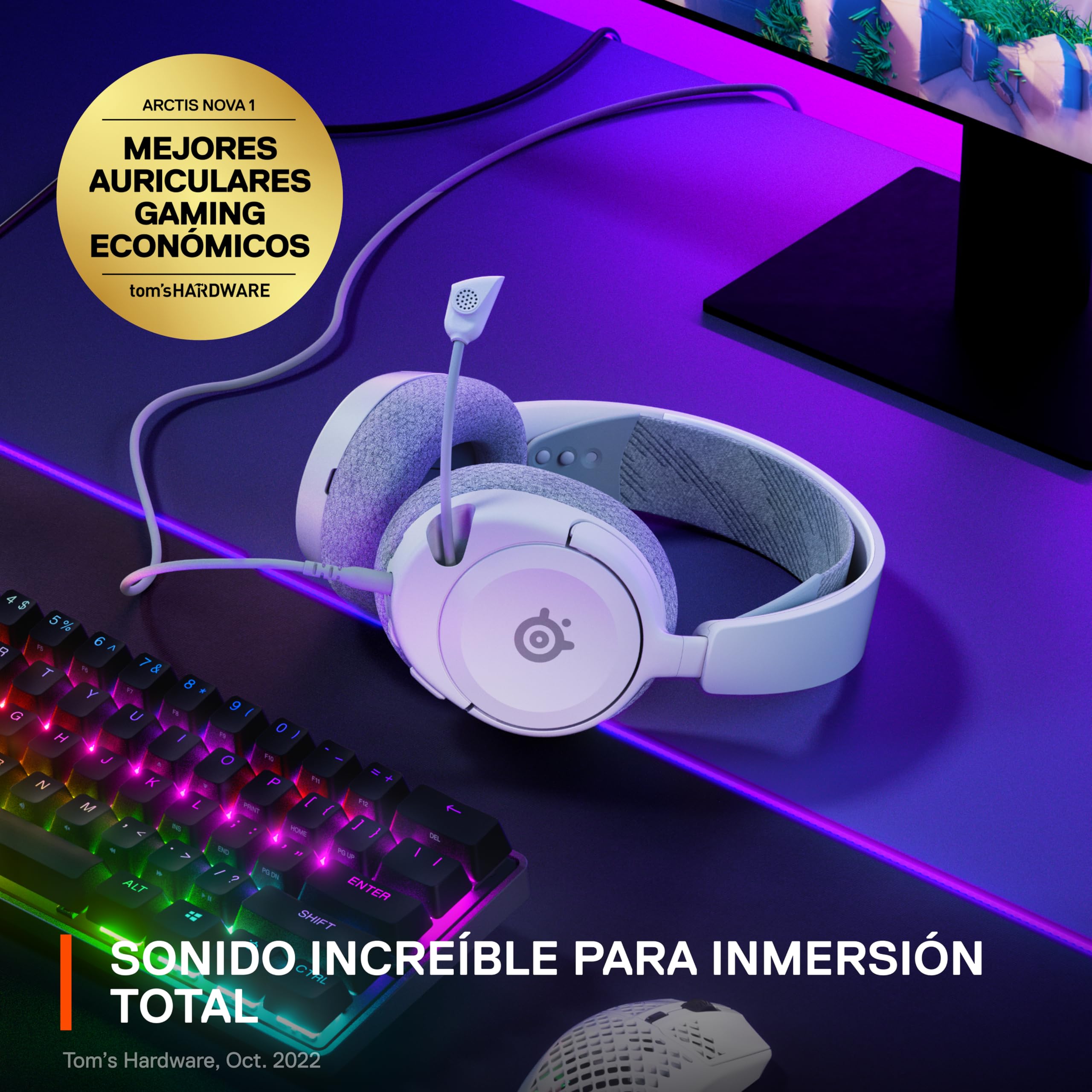 SteelSeries Nuevos Auriculares para Juegos multisistema Arctis Nova 1 — Controladores Hi-Fi — Audio Espacial de 360° — Micrófono con cancelación de Ruido — PC, PS5/PS4, Switch, Xbox - Blanco
