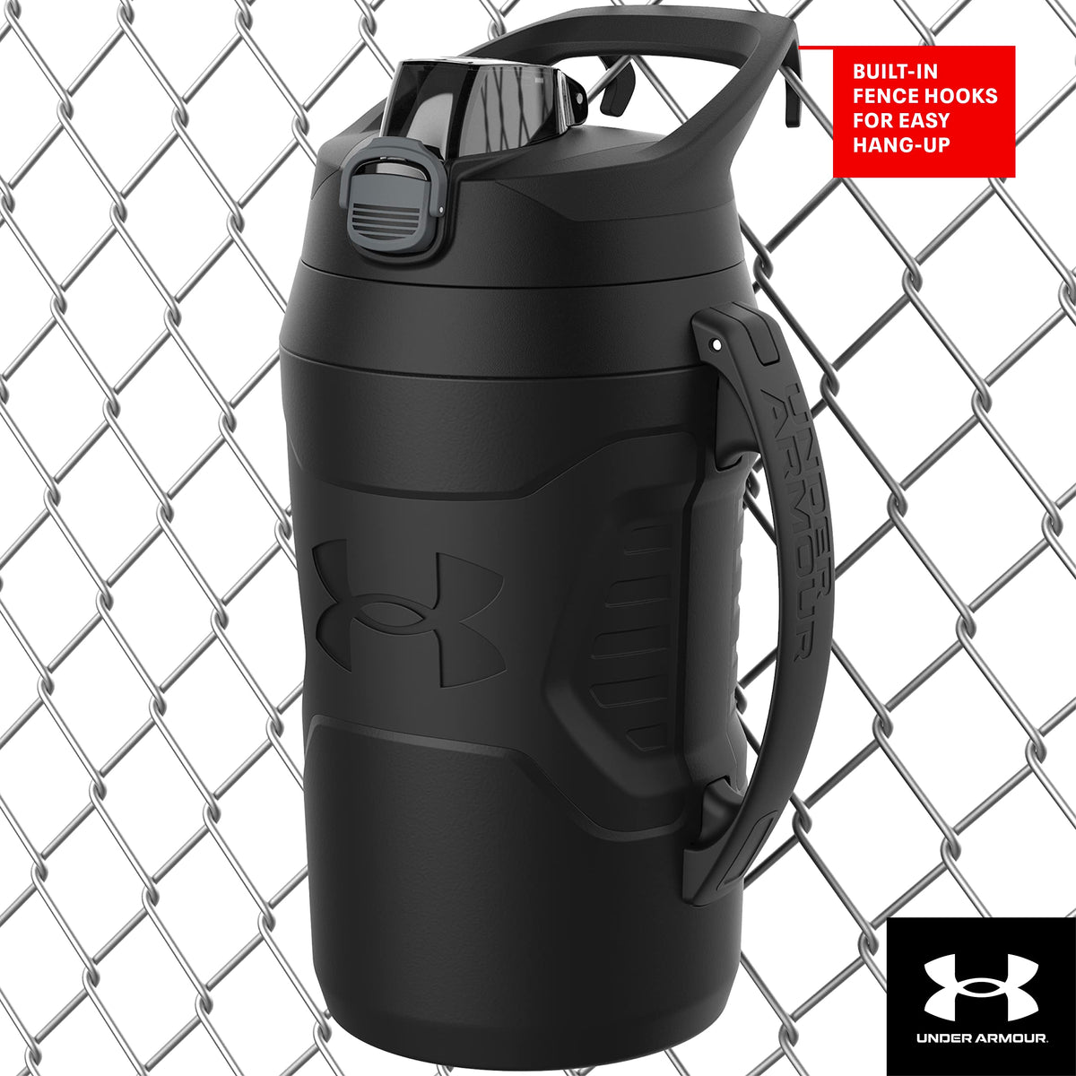 Under Armour Playmaker - Jarra deportiva, botella de agua con asa, aislamiento de espuma y resistente a fugas, 64 onzas, negro/negro