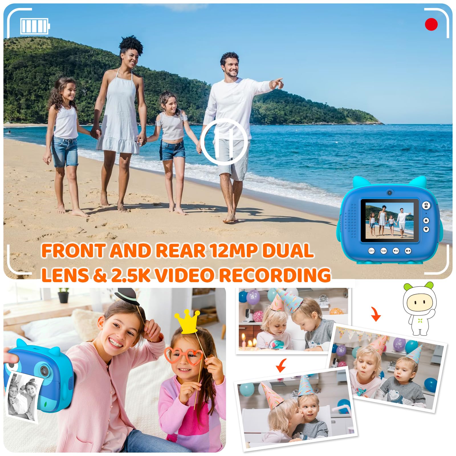 Daconovo Linda cámara instantánea para niños de 2.5K Cámara digital para niños de 12MP Cámara de impresión instantánea para niños con pantalla IPS de 2.4 pulgadas Zoom digital de 10X filtros Grabadora