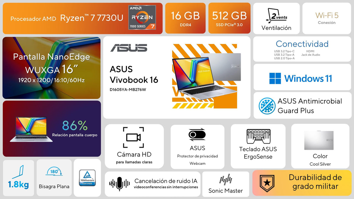 ASUS Laptop Vivobook 2024/D1605YA/AMD Ryzen 7 Serie 7000/16GB RAM/512GB SSD/Pantalla F-HD 16"/Resistencia Grado Militar/Antibacterial Guard/Apertura 180°/Teclado en Español (Garantía México)
