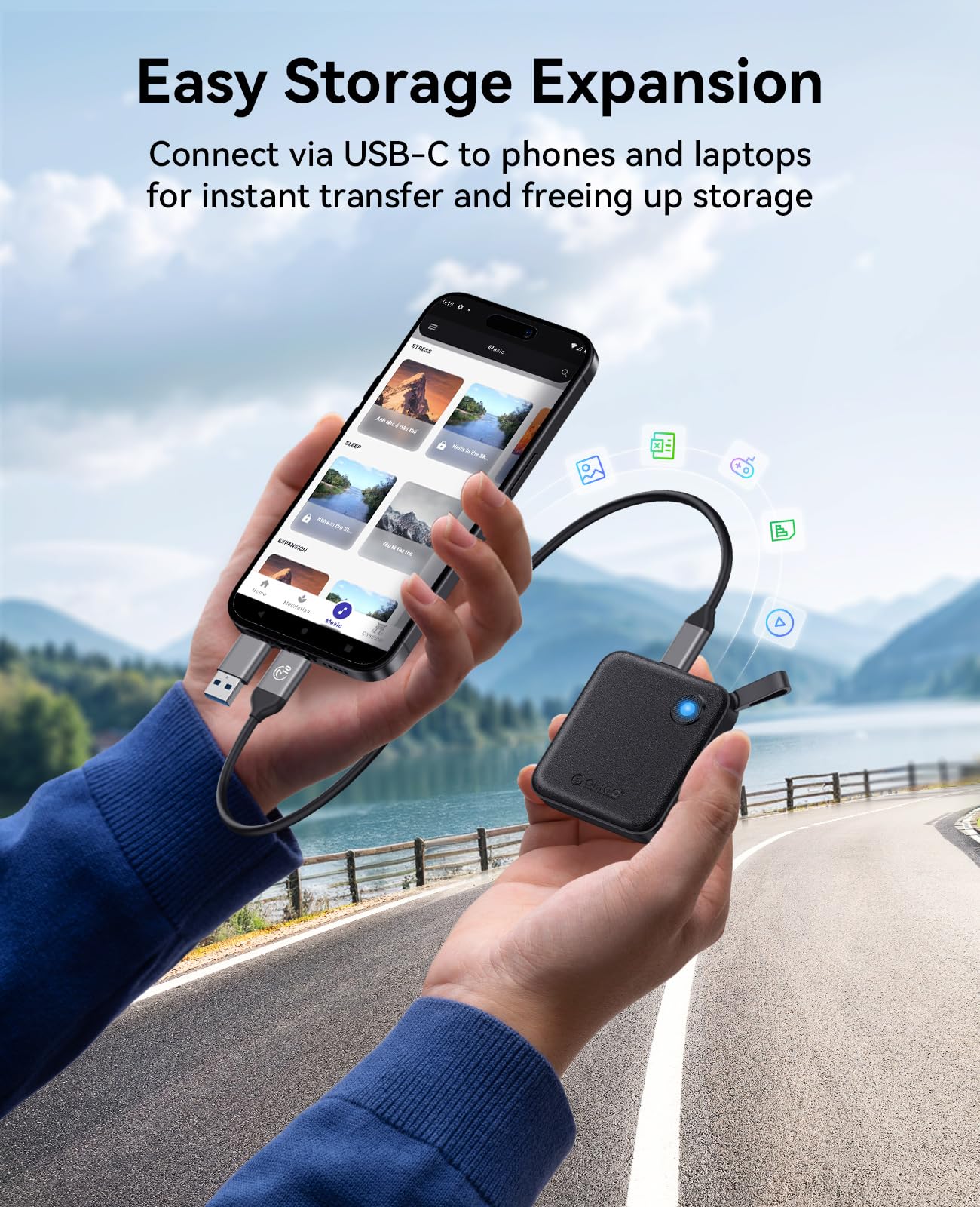 ORICO SSD portátil de con Cable USB C 2 en 1, Unidades de Estado sólido externas, hasta 460 MB/s, indicador de Estado, Almacenamiento fiable para Smartphone, Tablet y PC con USB-C - B5PLUS (480, GB)