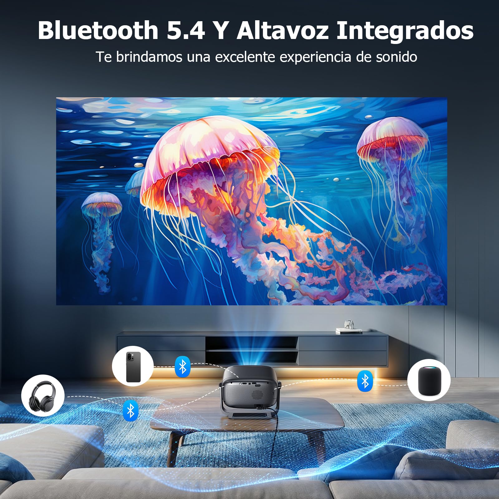 Proyector 4k, Mini Proyector Portatil con Android, 20000L 1080P Proyectores Inteligente con Enfoque Automático, WiFi 6 y BT 5.4, Pantalla de 200", Giro de 270°, Compatible con HDMI/iOS/Laptop/PC/PS