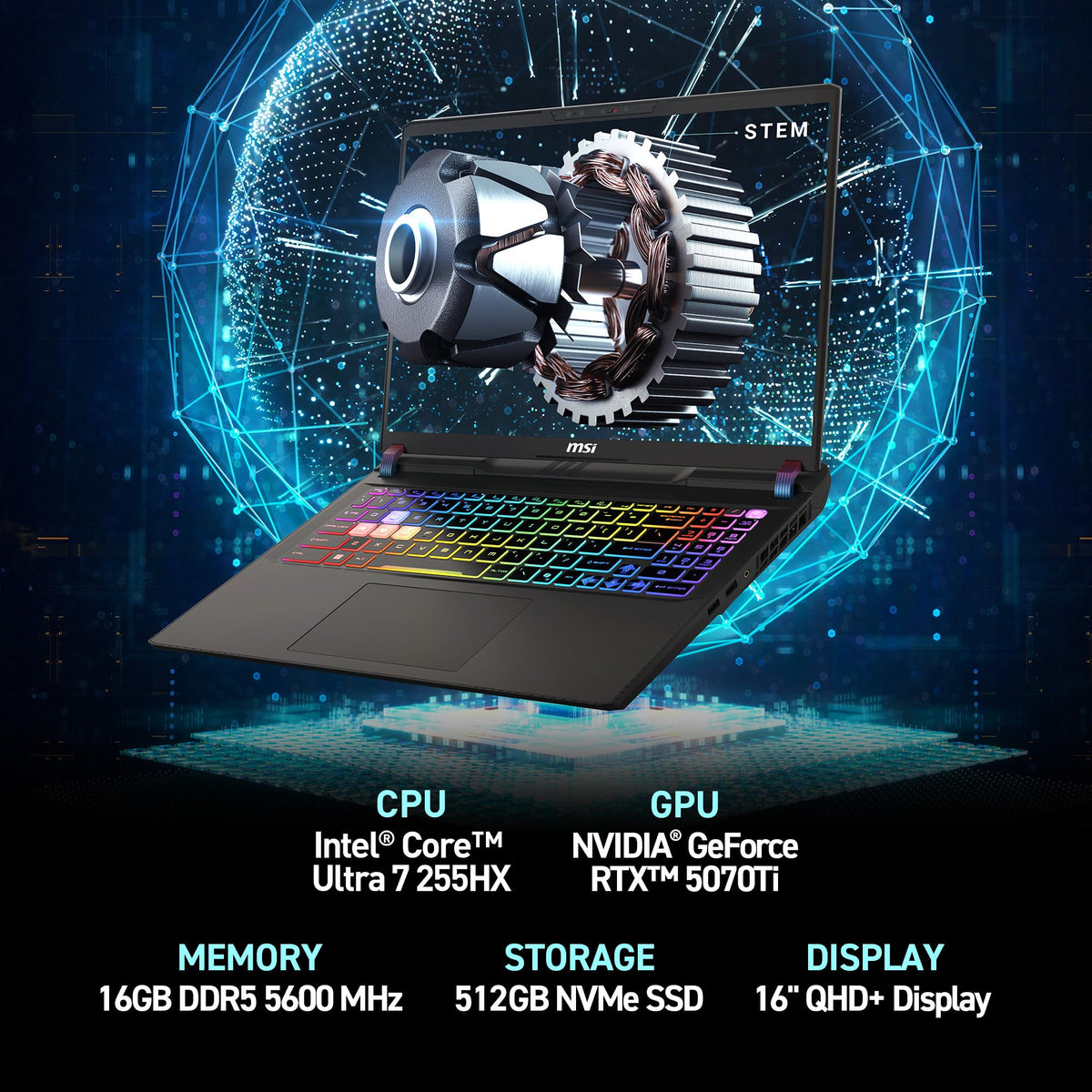 MSI Vector 16 HX AI 16 Pulgadas 144Hz FHD+ Laptop para Juegos: Intel Core Ultra 7-255HX, NVIDIA Geforce RTX 5070Ti, 16GB DDR5, 512GB NVMe SSD, Thunderbolt 5, Wi-Fi 6E, Win 11 Home: Cosmo Gray
