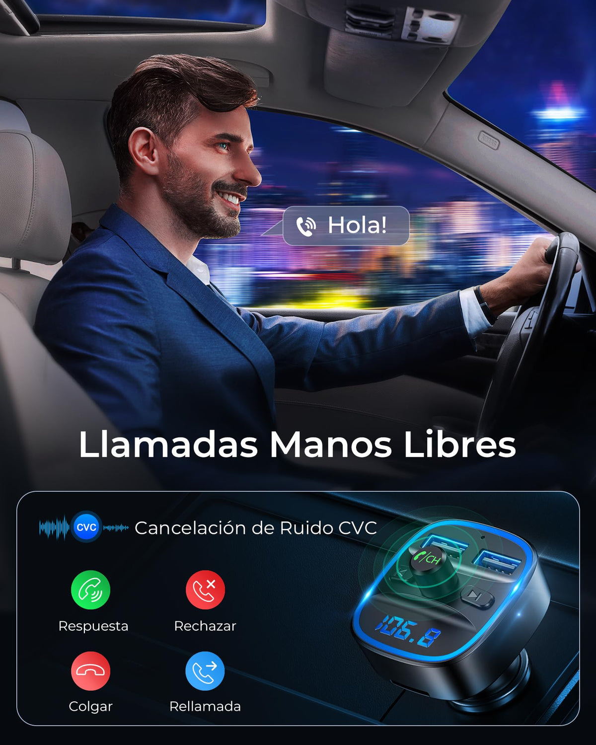 LENCENT Transmisor FM Bluetooth para Auto, Reproductor Música para Carro, Adaptador Bluetooth Coche con Dual USB 5V/2.4A&1A, Soporta Tarjetas SD, Memoria USB, Llamadas Manos Libres, Asistente de Voz