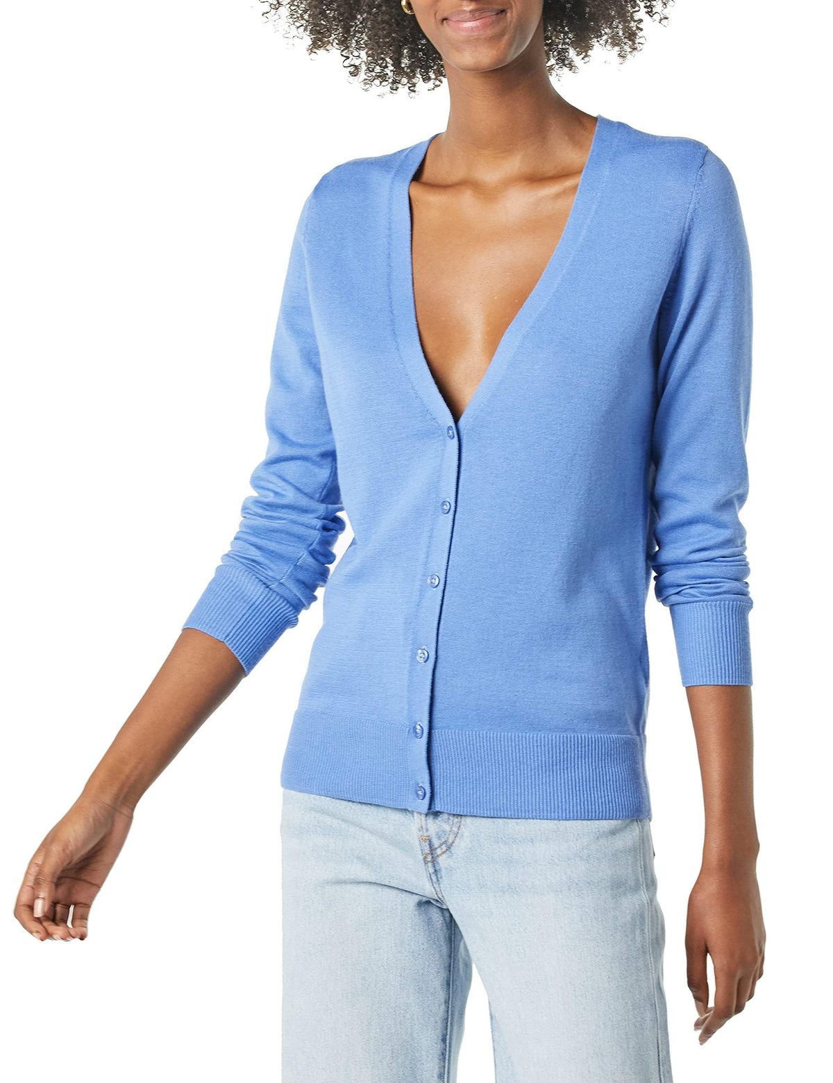 Amazon Essentials - Suéter ligero con cuello en V para mujer (disponible en tallas grandes), azul, talla M