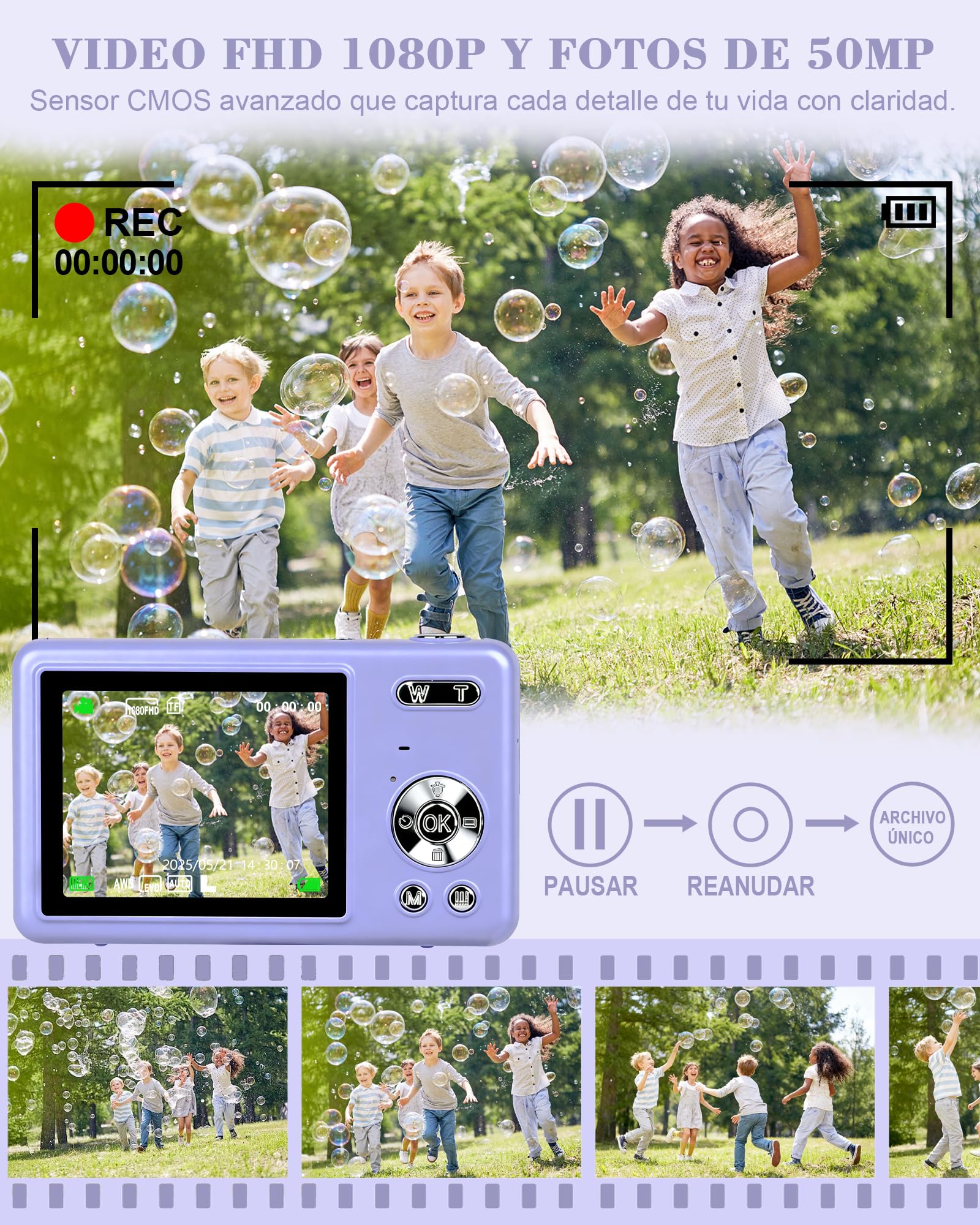 HeiLuon Camara Digital FHD 1080P Vlogging con Zoom 16X, Pantalla IPS de 2.4", Trípode, Tarjeta 32GB y Lector, Anti-Shake, Autoenfoque, Camara Fotografica para Niños y Adolescentes (Color Púrpura)