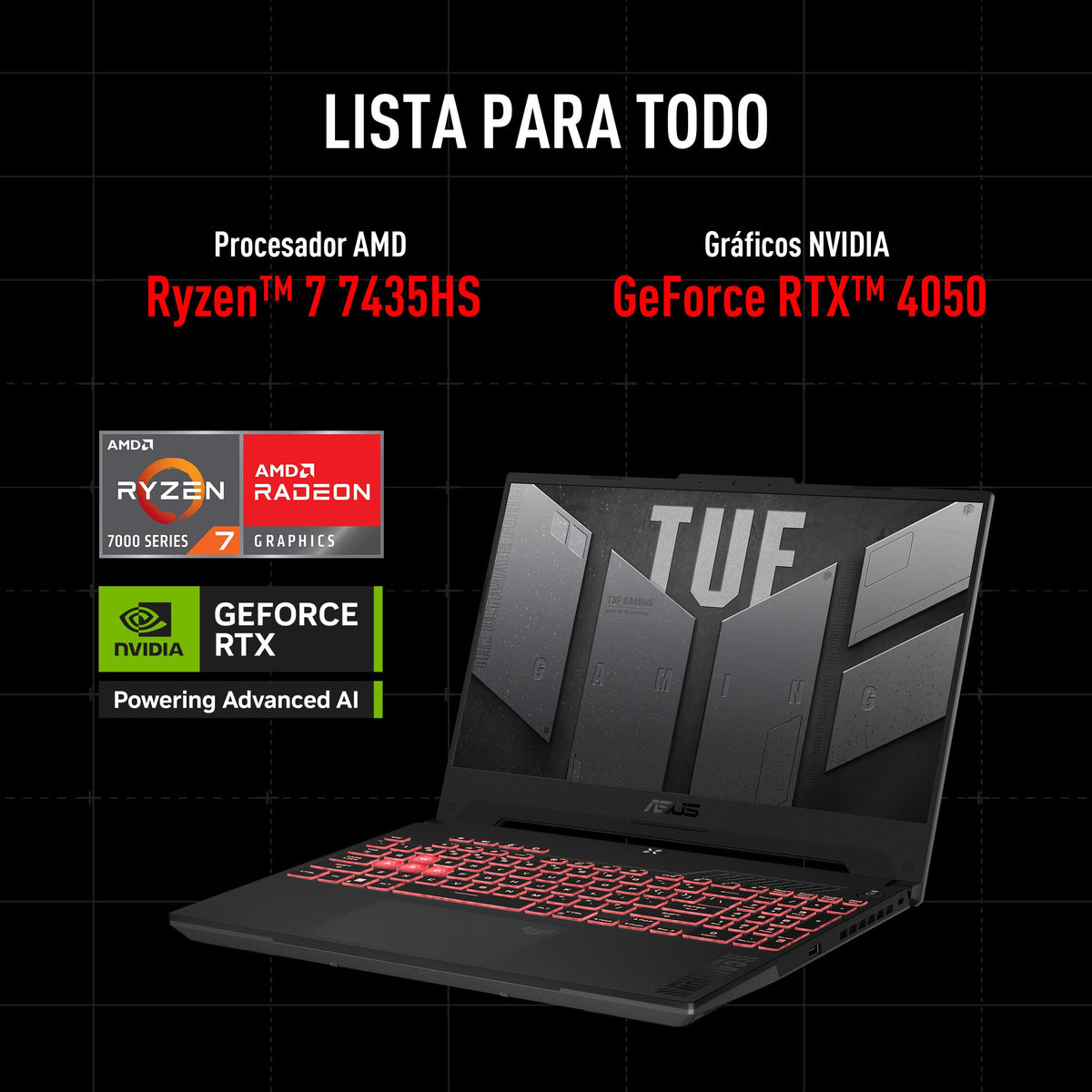 ASUS Laptop TUF Gaming A15/ 15.6" FHD/AMD Ryzen 7 7ma/NVIDIA GeForce RTX 4050/16 GB RAM expandible hasta 32GB/512GB SSD/Teclado Retroiluminado en Español/Gris(Garantía y Servicio en México)