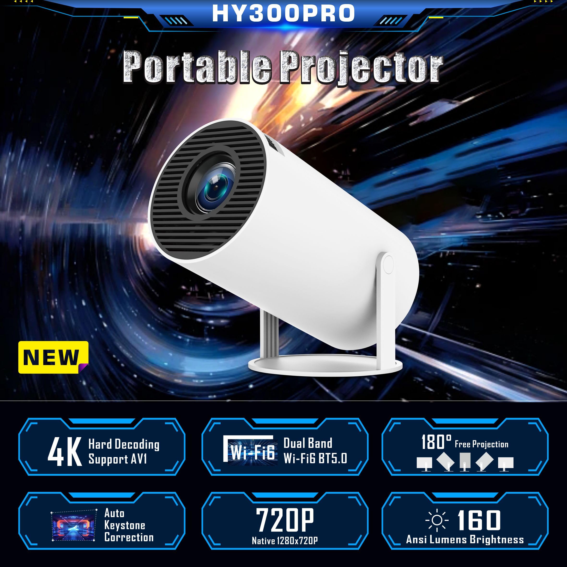KUNEM Mini Proyector Portátil 4K, 250 ANSI, 10000 Lúmenes, WiFi 6 con Bluetooth 5.2, Proyectores de 270 Grados Flip, Android 13 Sistema Incorporado, Compatible con HDMI/iOS/Phone/PC/PS.