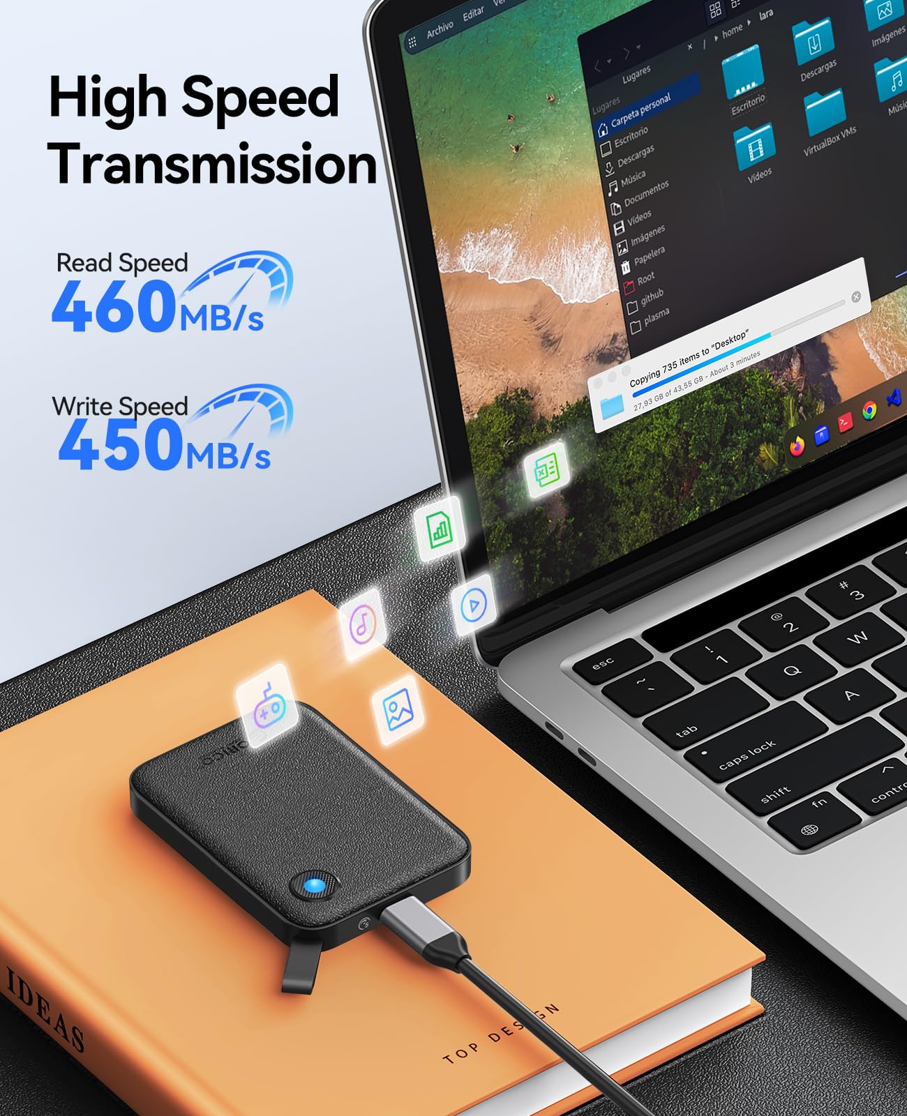 ORICO SSD Externo 480GB, SSD Portátil con Velocidad hasta 460MB/s, Disco Duro Externo USB A y C, Almacenamiento Externo USB3.2 para iPhone 17/16/15/Android/Windows/Tablet/Mac, B5PLUS-VB