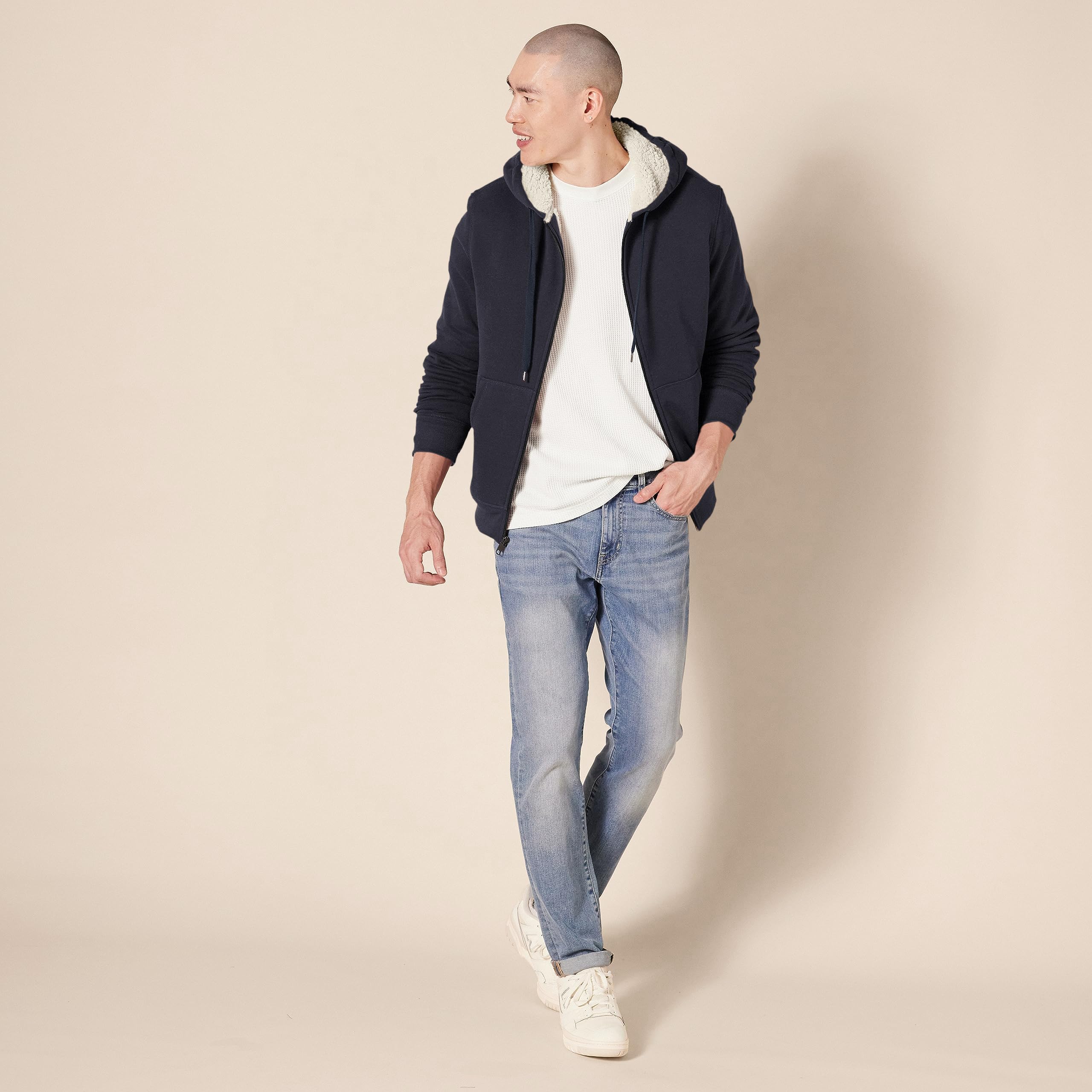 Amazon Essentials - Sudadera de forro polar con capucha y cremallera completa para hombre, color azul marino, talla M