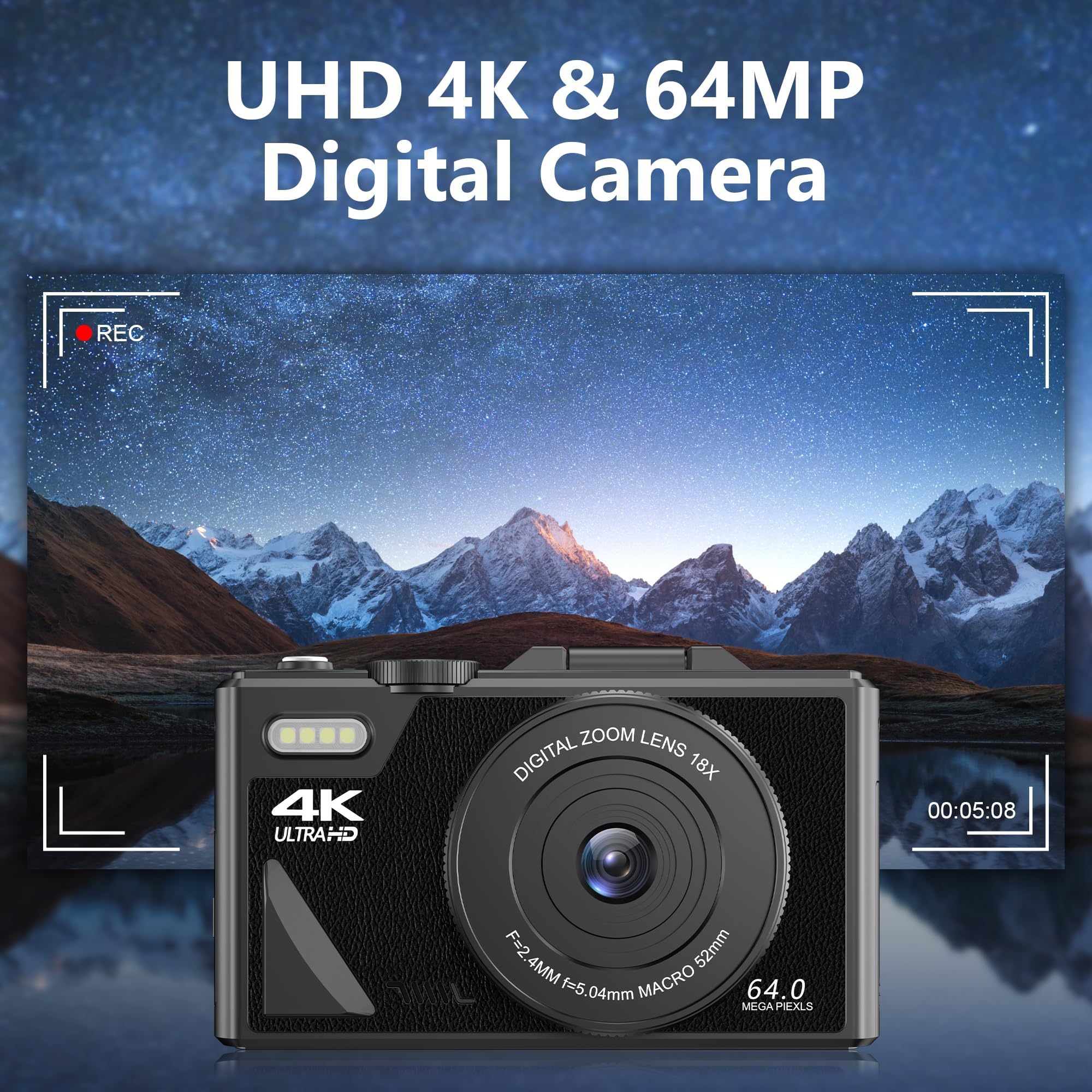 Dpofirs Cámara Digital de 64MP, Cámara de Vlogging 4K, Cámara de Enfoque Automático con Zoom de 18X, Cámara Pequeña Compacta con Pantalla Abatible de 3 Pulgadas, Cámara Pequeña para