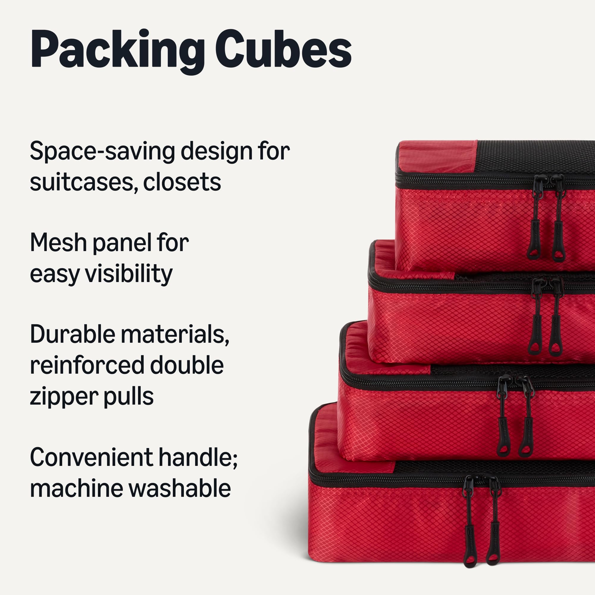 Amazon Essentials Juego de 4 Cubos para Viaje, Organizador de Equipaje con Doble Cremallera, Parte Superior de Malla, Poliéster, Pequeño, Rojo (Antes Amazon Basics)