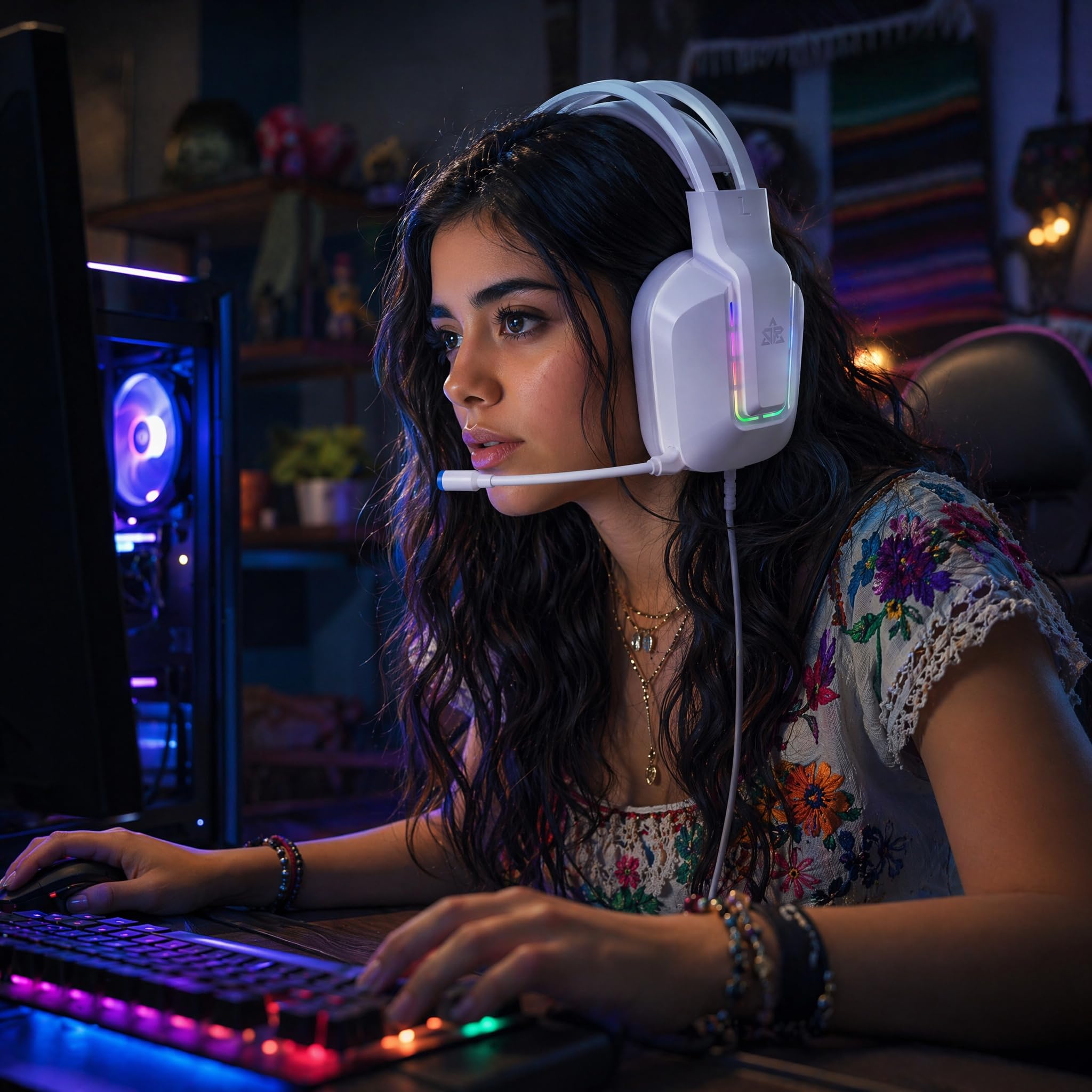 OMIRE Audifonos Gamer, Audifonos Diadema con Micronofono, 3.5mm Audio Jack, Audifonos Alambrico para Nintendo Switch, Xbox Series X, PS4, PS5, PC, Mac, RB-C8-W