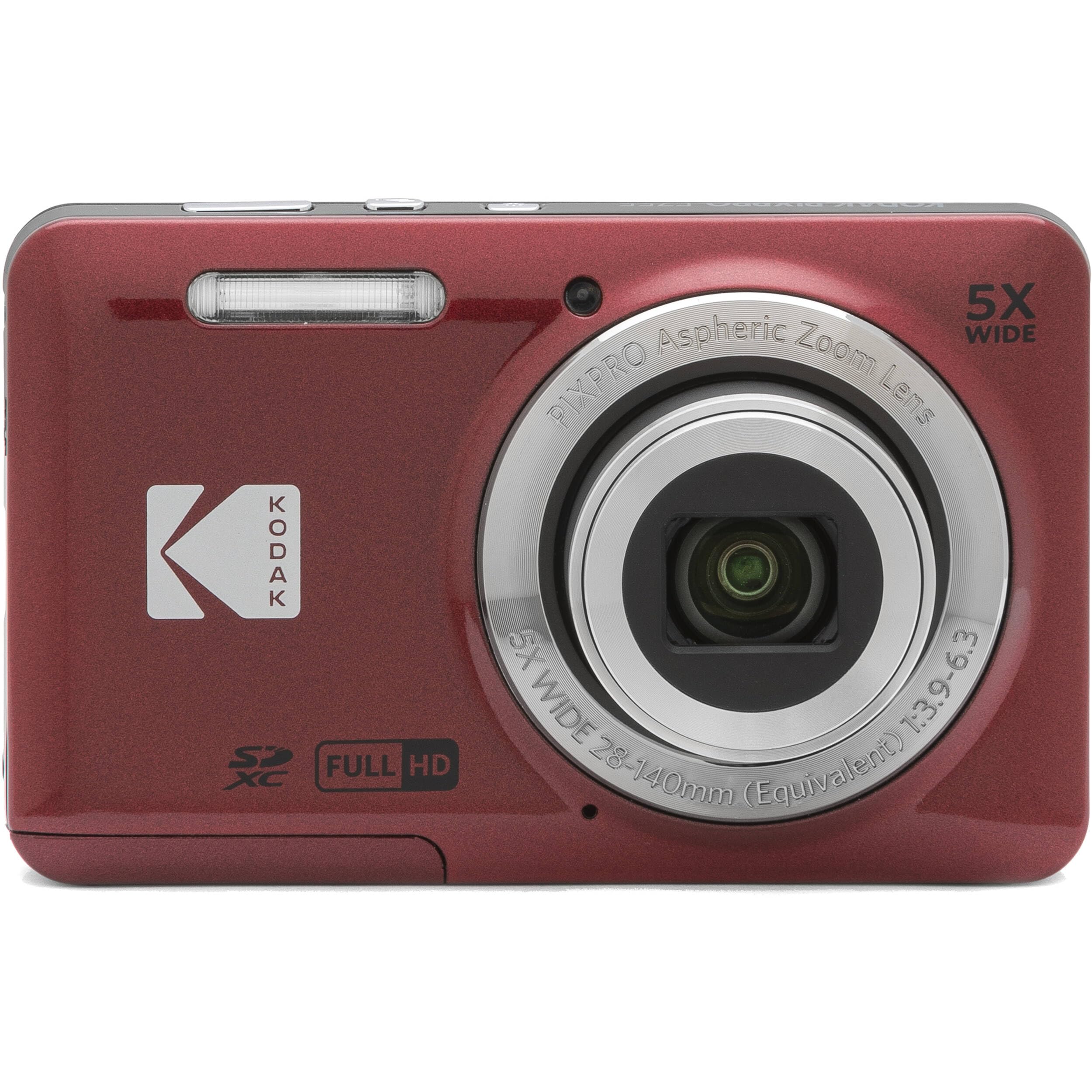 Kodak PIXPRO FZ55 - Cámara digital roja de 16 MP, zoom óptico de 5X, 28 mm, gran angular, 1080P, cámara LCD Full HD de 2,7 pulgadas, tarjeta y lector de 64 GB + funda + portafolios de memoria +