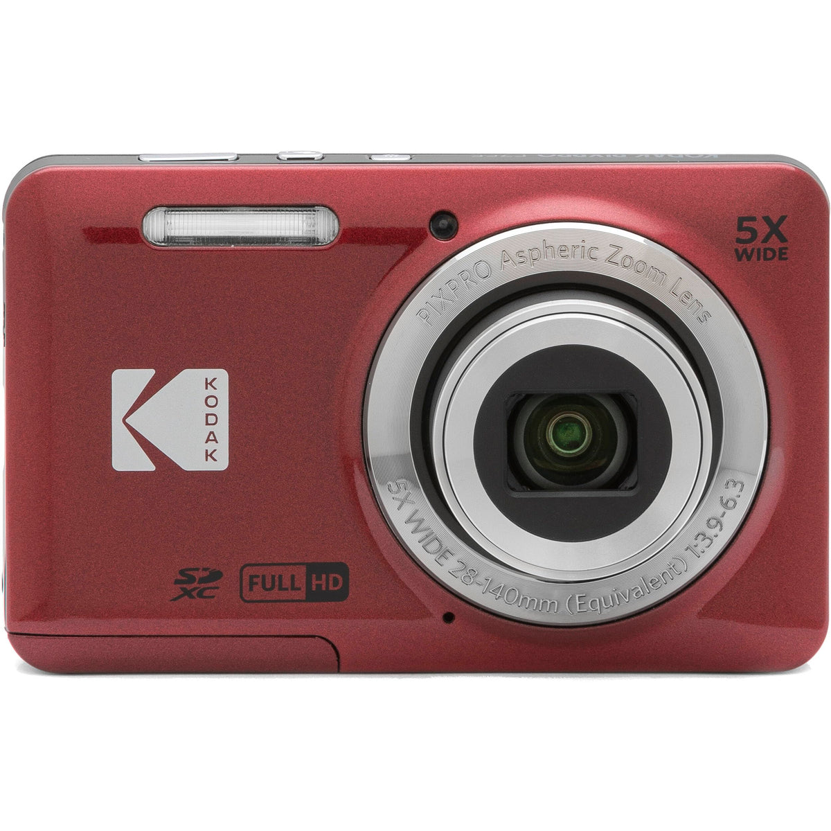 Kodak PIXPRO FZ55 - Cámara digital roja de 16 MP, zoom óptico de 5X, 28 mm, gran angular, 1080P, cámara LCD Full HD de 2,7 pulgadas, tarjeta y lector de 64 GB + funda + portafolios de memoria +