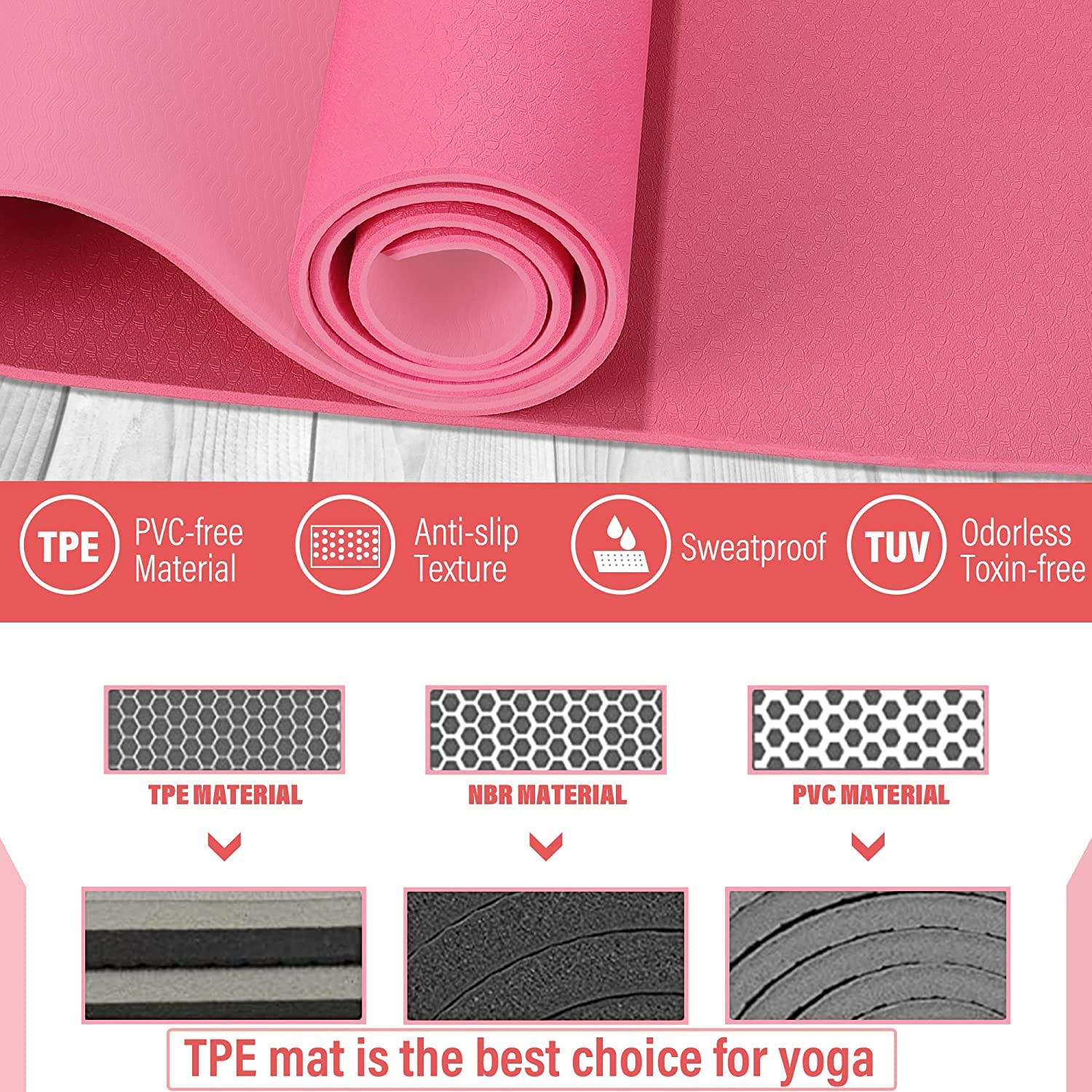 MUZENS Tapete para Yoga/Pilates y Deportes, Esterilla Yoga Antideslizante con Bolsa y Correa para Llevar al Hombro, Esterilla de Gimnasia Acolchada para Ejercicio Fitness 183x 61x 0.6cm
