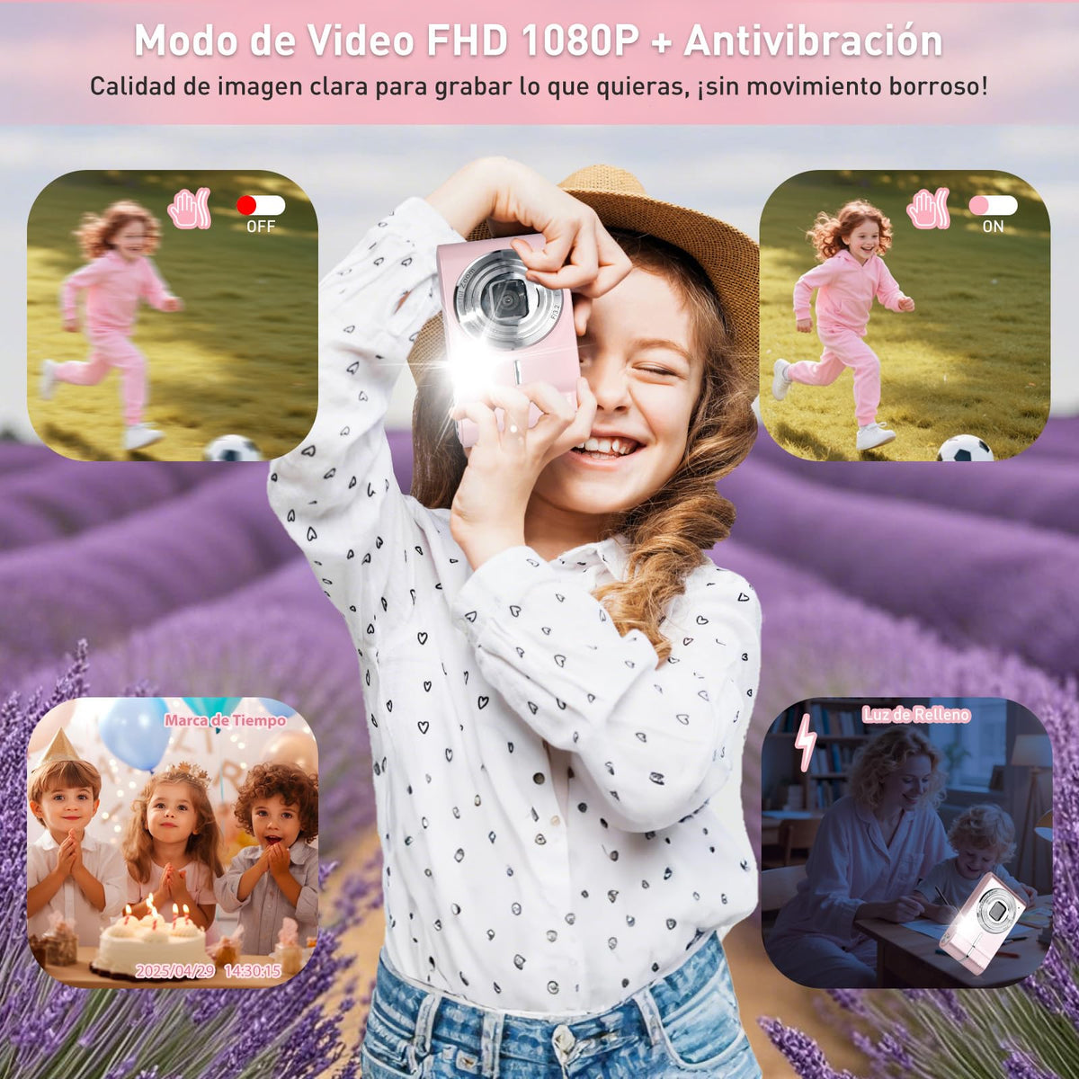 HeiLuon Cámara Digital FHD 1080P 50MP Vlogging con Tarjeta 64GB, Pantalla IPS de 2.4'', Zoom 16X, Anti-Shake y Disparo Continuo, Camara Fotografica Digicam Regalo para Niñas y Niños (Rosa)