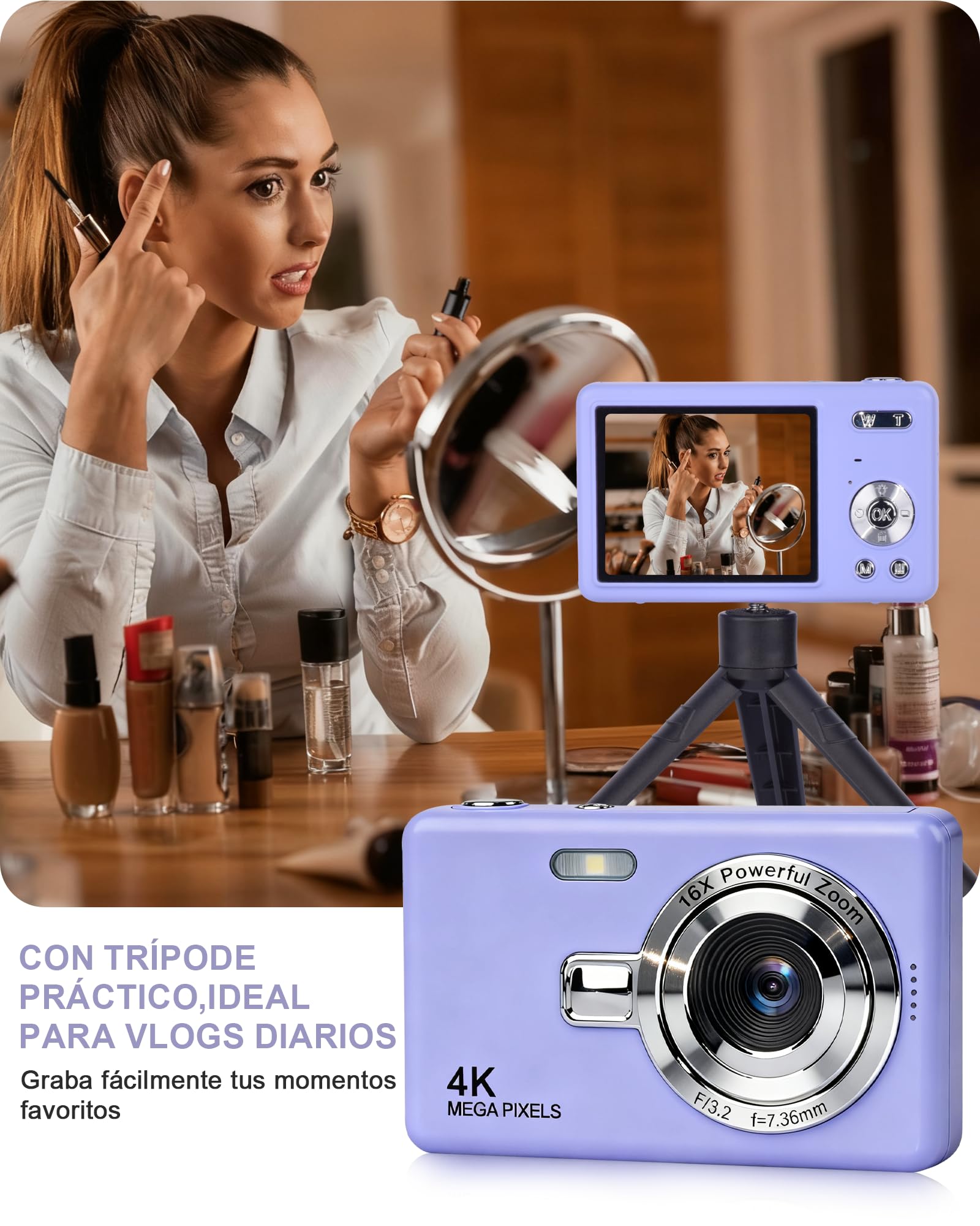 HeiLuon Camara Digital FHD 1080P Vlogging con Zoom 16X, Pantalla IPS de 2.4", Trípode, Tarjeta 32GB y Lector, Anti-Shake, Autoenfoque, Camara Fotografica para Niños y Adolescentes (Color Púrpura)