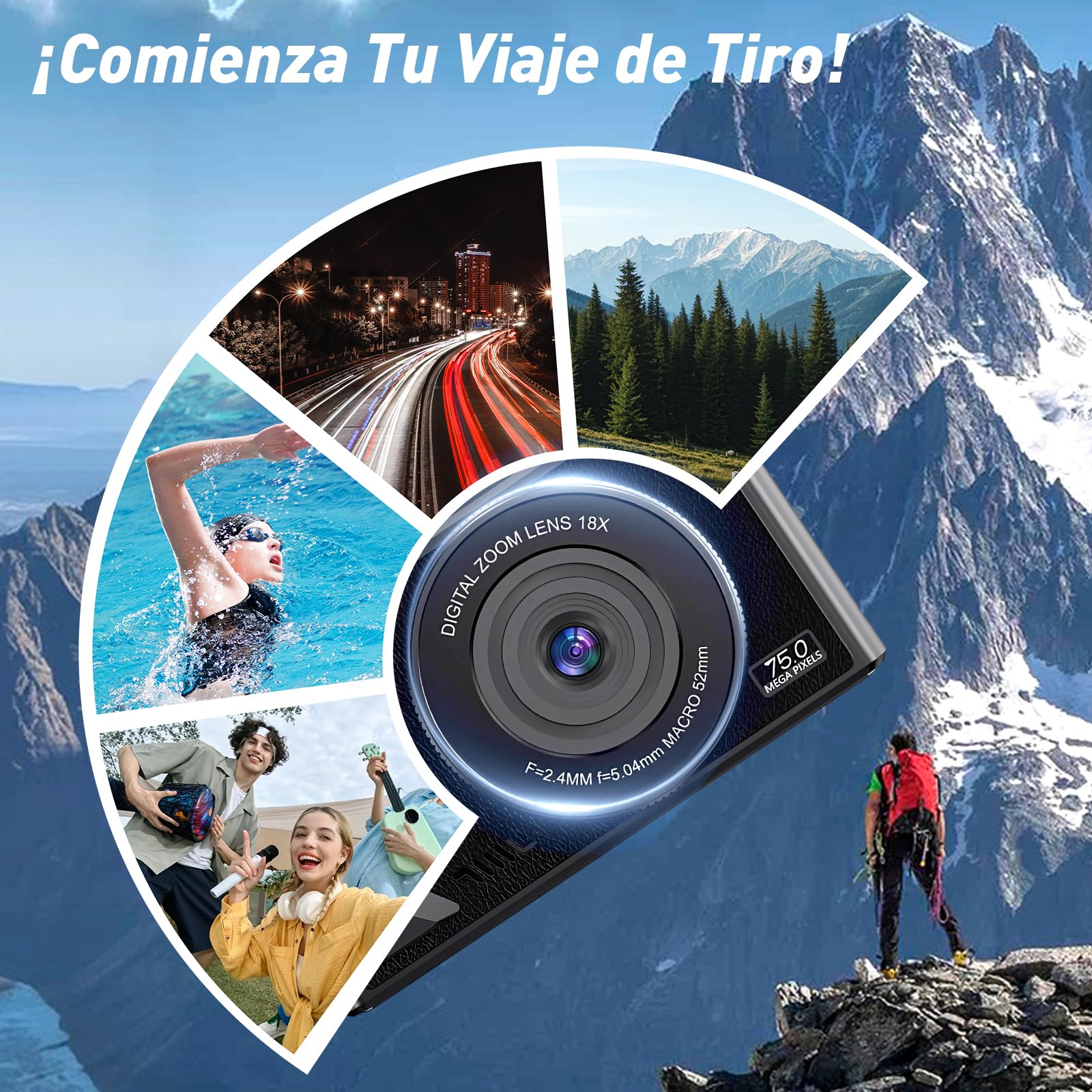 Camara Digital 5K Ultra HD, Camara Fotografica 75 MP, Cámara de Vlogueo Admite [WiFi y APP], Pantalla Giratoria 180° de 3 Pulgadas, Enfoque Automático 18X, Cámara para Viajes, Fotografía(nergo)