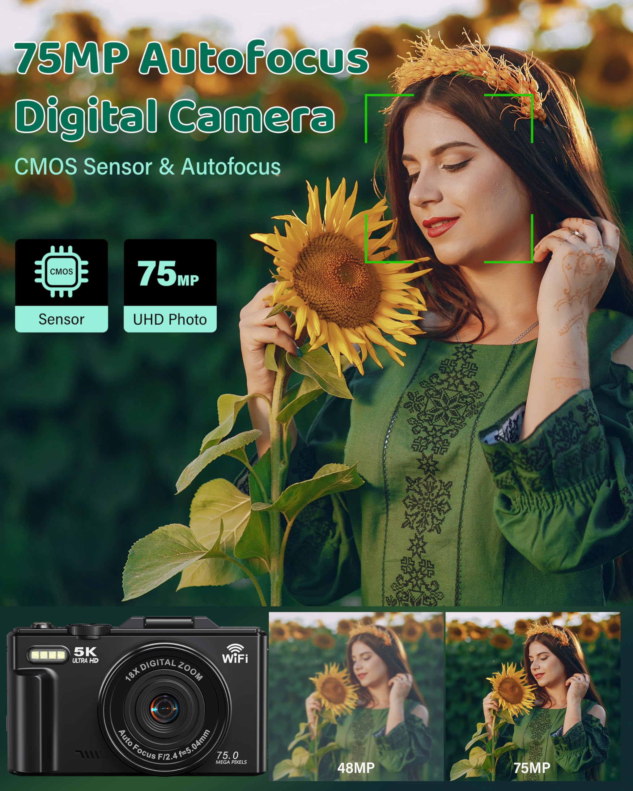 Cámara Digital 5K para fotografía – WiFi 75MP cámaras de vlogging para Youtube – Cámara de Video UHD de Enfoque automático 3 Pulgadas 180° con Zoom 18X – Cámara compacta de Viaje Vlog con Tarjeta SD