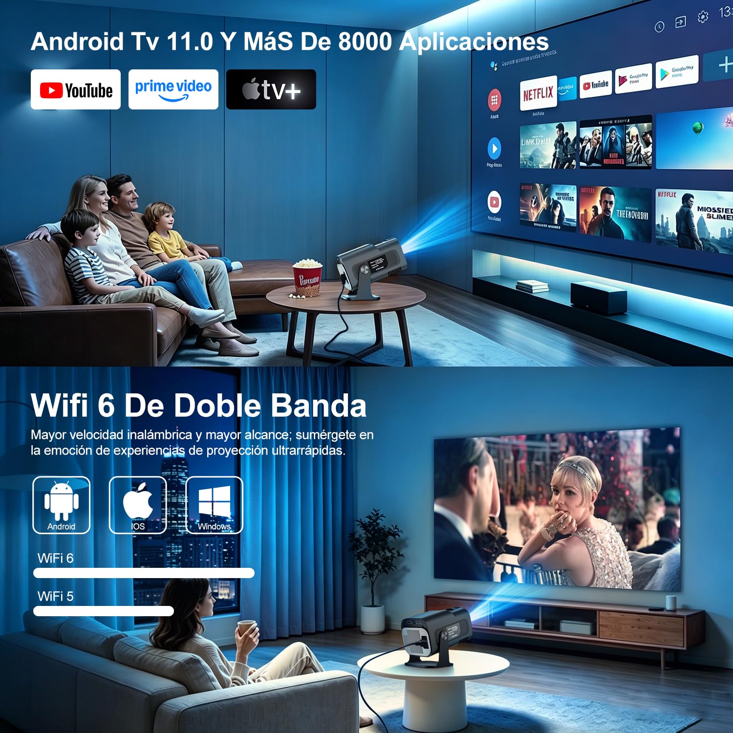 Salange Proyector Portátil, Mini Proyector 4K Soporte, Smart Proyectores Android Inteligente para Exterior/Cine en Casa, WiFi 6 y Bluetooth 5.2, Auto Keystone, Compatible con iOS/Android/PC/PS (Negro)
