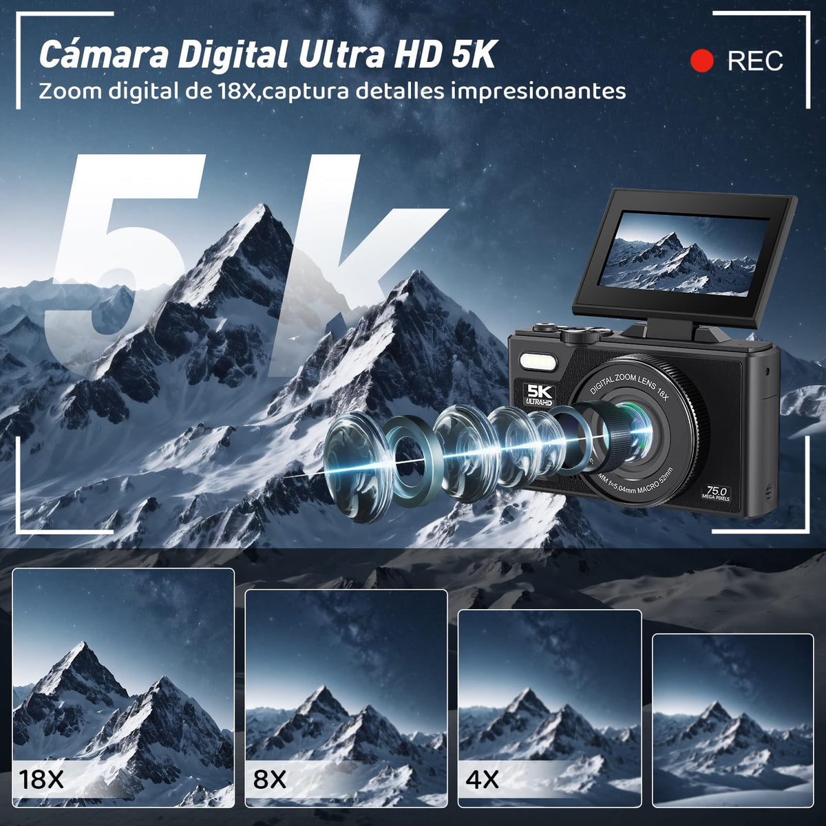 Camara Digital 5K Ultra HD, Camara Fotografica 75 MP, Cámara de Vlogueo Admite [WiFi y APP], Pantalla Giratoria 180° de 3 Pulgadas, Enfoque Automático 18X, Cámara para Viajes, Fotografía(nergo)